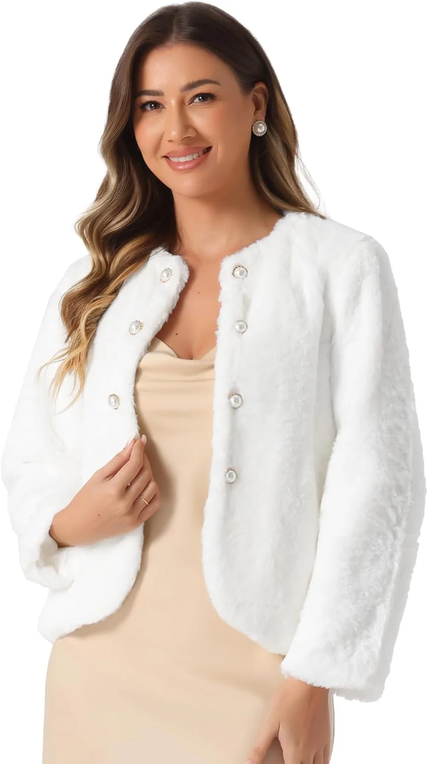 کت خز مصنوعی زمستانی زنانه Allegra K 2024، ژاکت آستین بلند، جیب دار، دکمه مرواریدی، کاردیگان کوتاه و کرکی