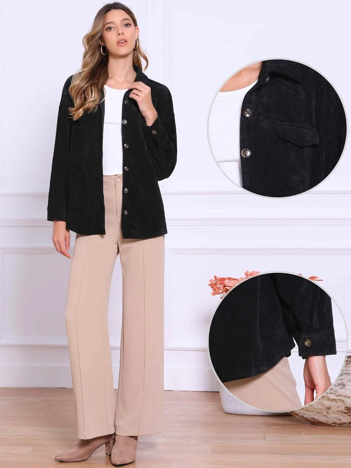 پیراهن مخمل کبریتی زنانه Allegra K، دکمه دار، آستین بلند، کت غیر رسمی