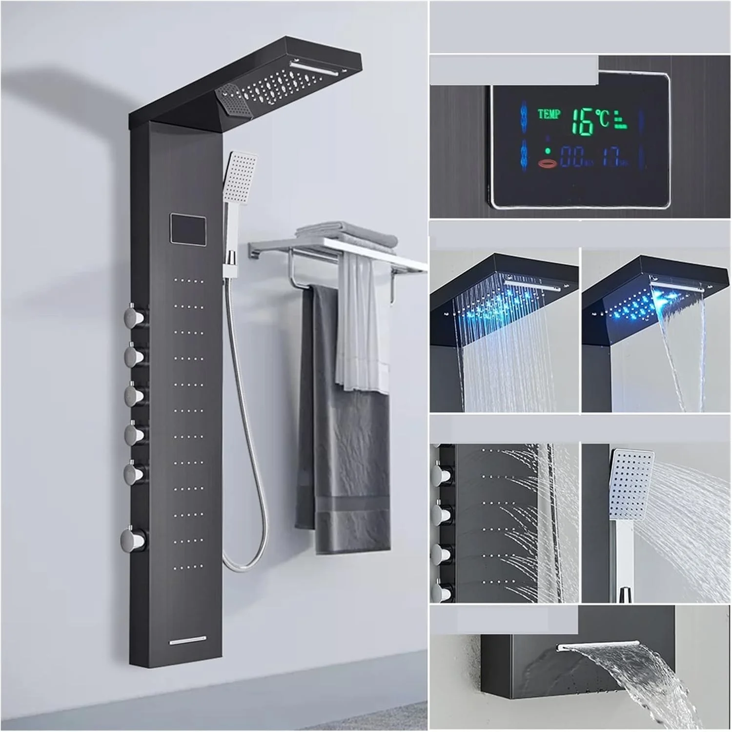 ست شیر دوش ترموستاتیک حمام مشکی با نور LED، سیستم دوش جت ماساژ SPA حمام، سیستم ستون دوش، پنل دوش بارانی آبشاری، اسپری بیده، شیر آب، سر دوش بارانی سقفی دوگانه ست شیر دوش ترموستاتیک حمام مشکی با نور LED، سیستم دوش جت ماساژ SPA حمام، سیستم ستون دوش، پنل دوش بارانی آبشاری، اسپری بیده، شیر آب، سر دوش بارانی سقفی دوگانه