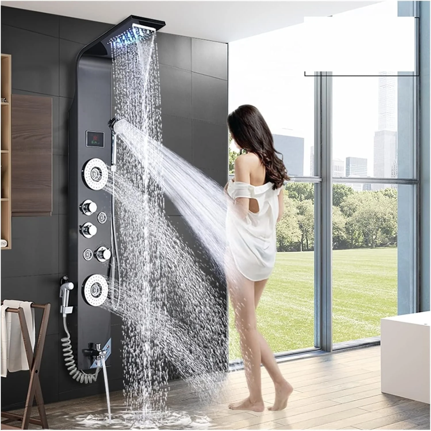 ست شیر دوش ترموستاتیک حمام مشکی با نور LED، سیستم دوش جت ماساژ SPA حمام، سیستم ستون دوش، پنل دوش بارانی آبشاری، اسپری بیده، شیر آب، سر دوش بارانی سقفی دوگانه ست شیر دوش ترموستاتیک حمام مشکی با نور LED، سیستم دوش جت ماساژ SPA حمام، سیستم ستون دوش، پنل دوش بارانی آبشاری، اسپری بیده، شیر آب، سر دوش بارانی سقفی دوگانه