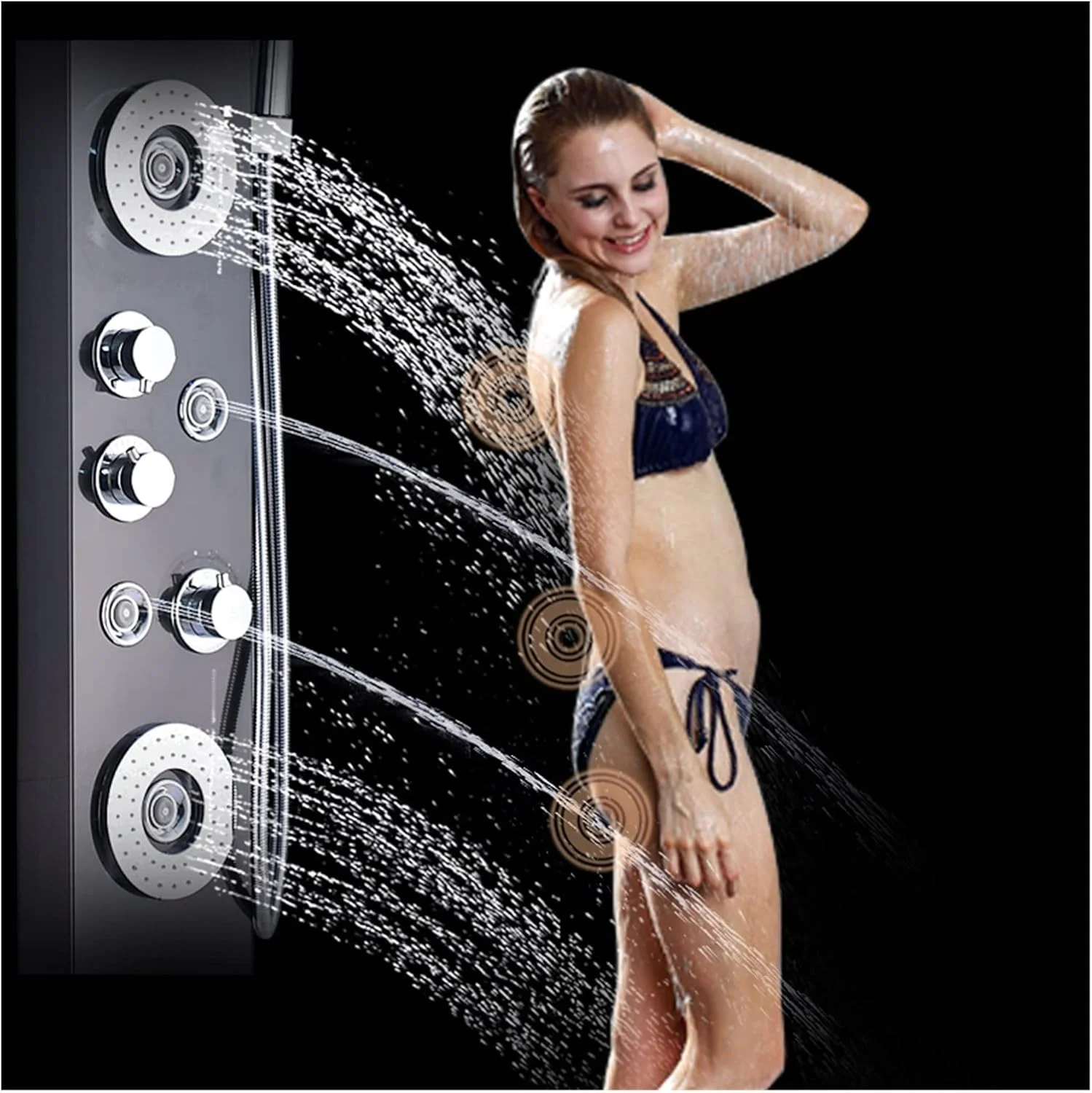 ست شیر دوش ترموستاتیک حمام مشکی با نور LED، سیستم دوش جت ماساژ SPA حمام، سیستم ستون دوش، پنل دوش بارانی آبشاری، اسپری بیده، شیر آب، سر دوش بارانی سقفی دوگانه ست شیر دوش ترموستاتیک حمام مشکی با نور LED، سیستم دوش جت ماساژ SPA حمام، سیستم ستون دوش، پنل دوش بارانی آبشاری، اسپری بیده، شیر آب، سر دوش بارانی سقفی دوگانه