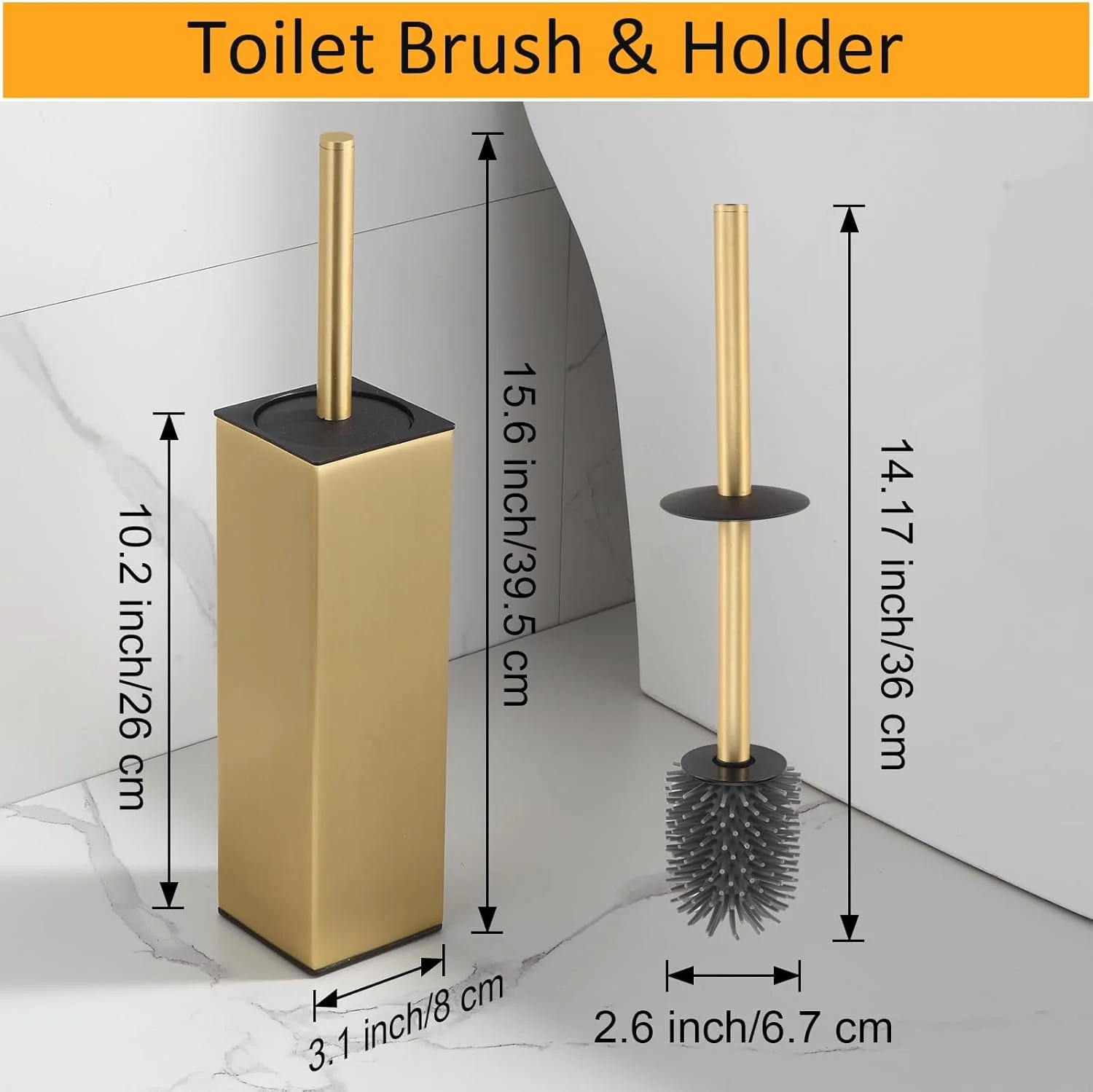 برس توالت ایستاده BGL و جا برسی آلومینیومی طلایی برس خورده، برس و جا برسی تمیز کننده کاسه توالت برای نگهداری و سازماندهی حمام، طراحی مربعی بادوام و صرفه جویی در فضا