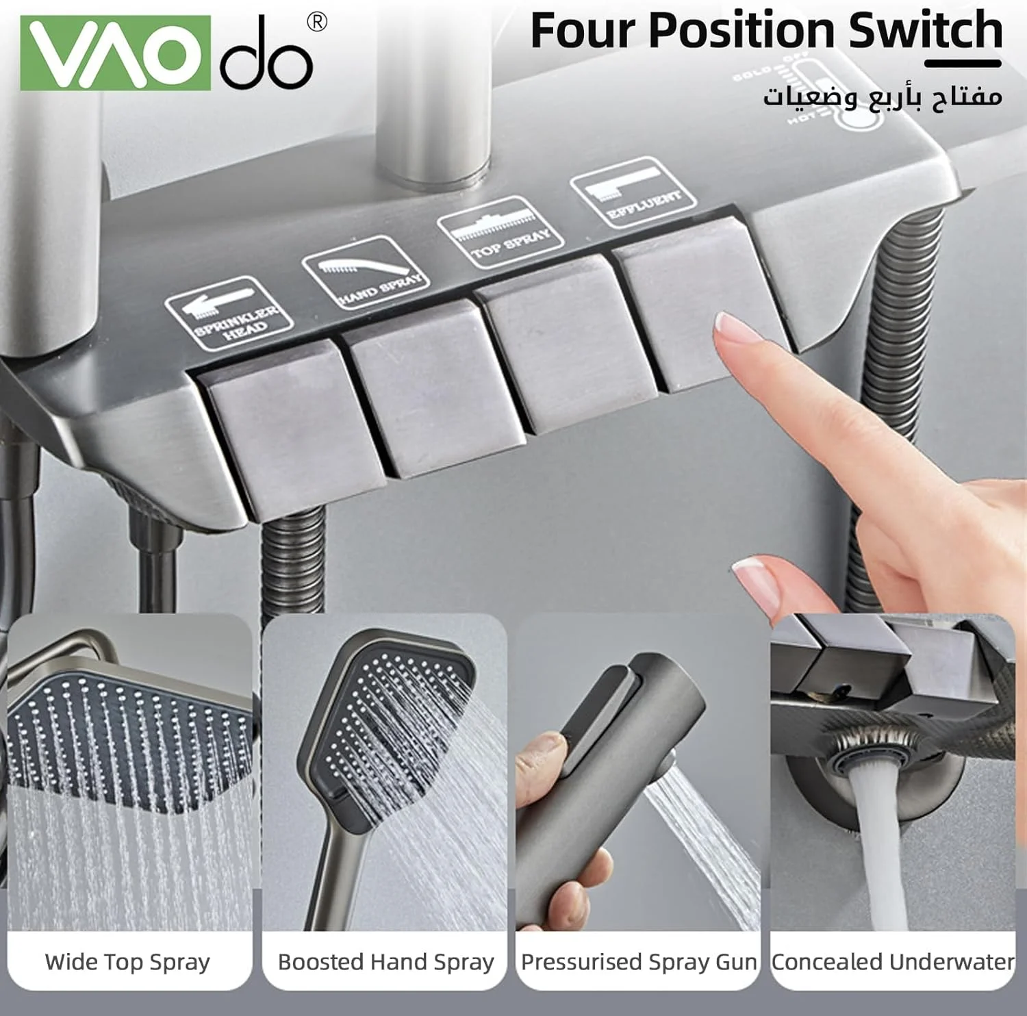 سیستم دوش VAODO، ست شیر دوش 4 حالته با کلیدهای پیانویی، دارای سردوش بارانی، دوش دستی، خروجی آب وان، اسپری بیده، حالت های خروجی آب قابل تنظیم و آب گرم و سرد، خاکستری سیستم دوش VAODO، ست شیر دوش 4 حالته با کلیدهای پیانویی، دارای سردوش بارانی، دوش دستی، خروجی آب وان، اسپری بیده، حالت های خروجی آب قابل تنظیم و آب گرم و سرد، خاکستری