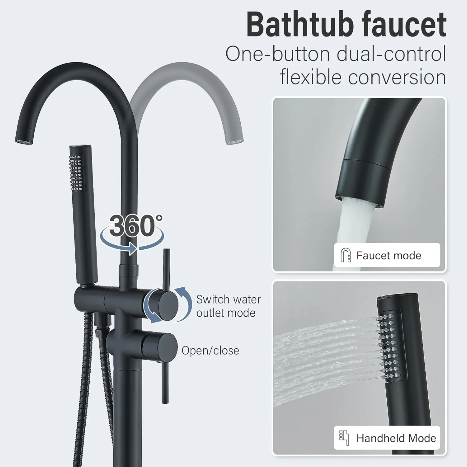 Pafilly Freestanding Bathtub Faucet Matte Black Floor Mounted Tub Filler with Hand Shower 360 Degree Swivel Standing Spout Brass High Flow Mixer Taps Pafilly Freestanding Bathtub Faucet Matte Black Floor Mounted Tub Filler with Hand Shower 360 Degree Swivel Standing Spout Brass High Flow Mixer Taps