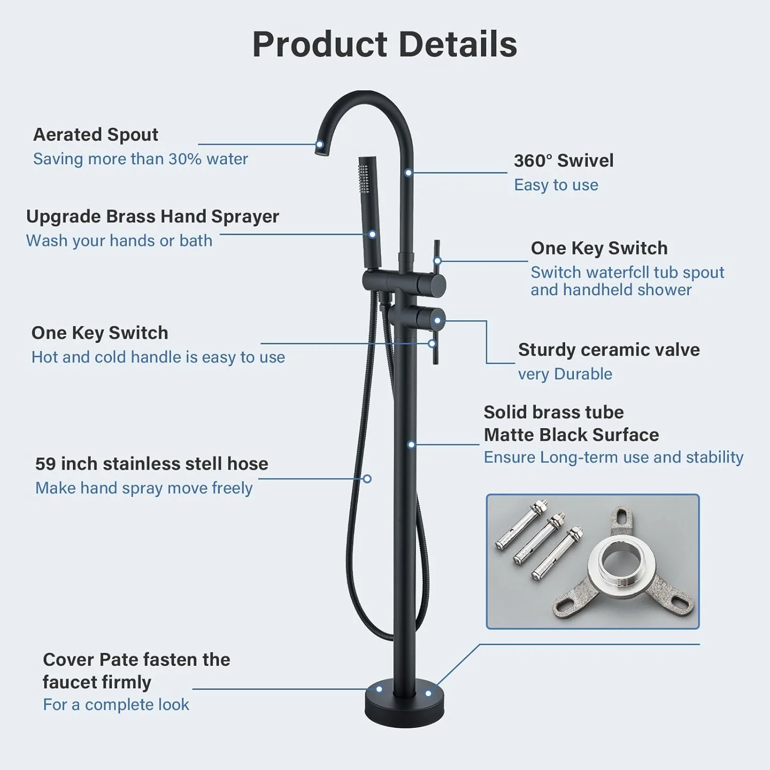 Pafilly Freestanding Bathtub Faucet Matte Black Floor Mounted Tub Filler with Hand Shower 360 Degree Swivel Standing Spout Brass High Flow Mixer Taps Pafilly Freestanding Bathtub Faucet Matte Black Floor Mounted Tub Filler with Hand Shower 360 Degree Swivel Standing Spout Brass High Flow Mixer Taps