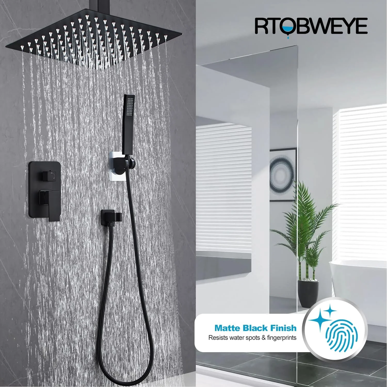 RTOBWEYE Shower Faucet Set Matte Black Shower System with 20cm Rain Shower Head, Ceiling Mount with 3-Setting Handheld Shower Combination System, Stainless Steel, Bathroom (Set A) RTOBWEYE Shower Faucet Set Matte Black Shower System with 20cm Rain Shower Head, Ceiling Mount with 3-Setting Handheld Shower Combination System, Stainless Steel, Bathroom (Set A)