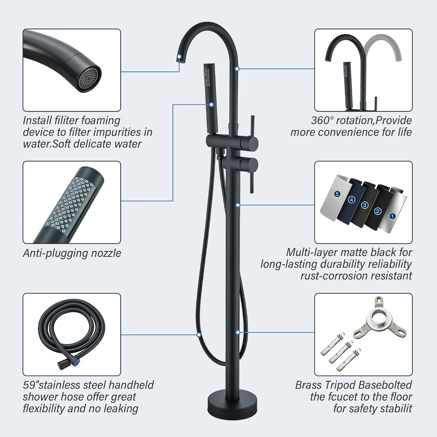 Pafilly Freestanding Bathtub Faucet Matte Black Floor Mounted Tub Filler with Hand Shower 360 Degree Swivel Standing Spout Brass High Flow Mixer Taps Pafilly Freestanding Bathtub Faucet Matte Black Floor Mounted Tub Filler with Hand Shower 360 Degree Swivel Standing Spout Brass High Flow Mixer Taps