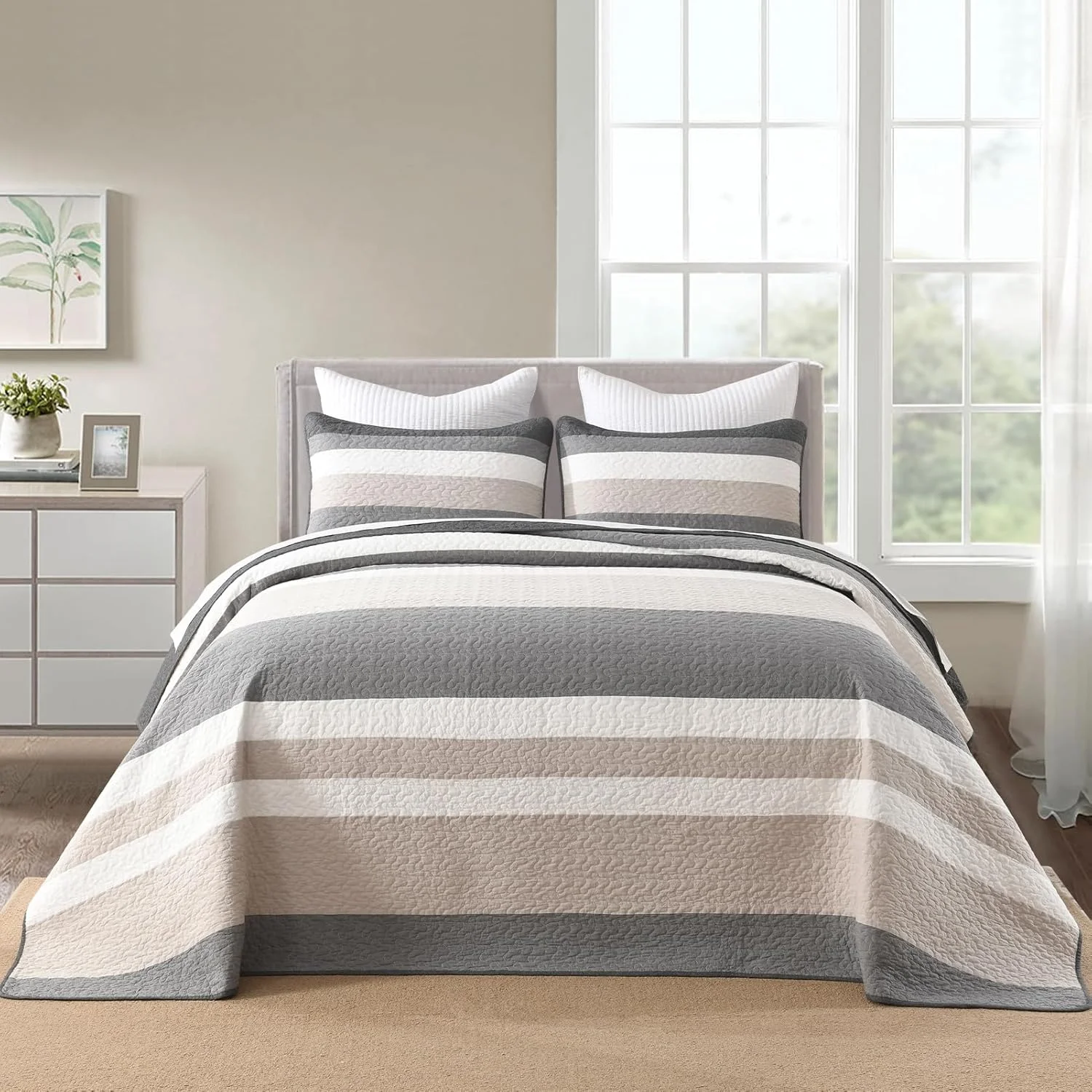 روتختی کوئین سایز بزرگ پنبه‌ای 100% فینلونته، 259x305 سانتی‌متر، لحاف فوق‌العاده بزرگ، روتختی راه‌راه مدرن، لحاف سبک وزن دو رو، 3 تکه، خاکستری/سفید