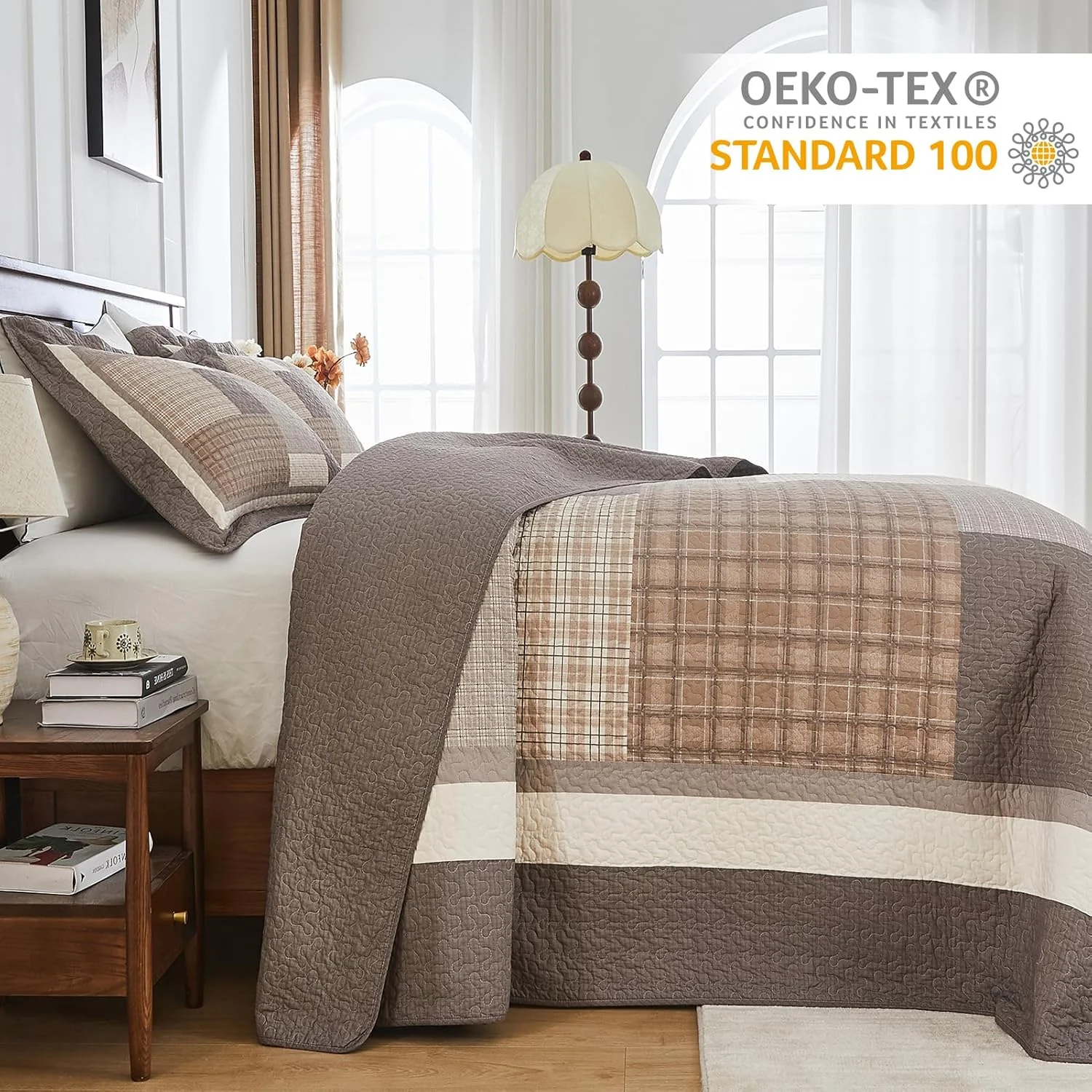 روتختی بزرگ کوئین Finlonte سایز 259x305 سانتی متر - ست لحاف تکه دوزی شده طرح خانه روستایی، روتختی سبک وزن 100% پنبه ای دو رو، لحاف چهارخانه روستیک برای تمام فصول، قهوه ای/بژ/خاکستری مایل به قهوه ای