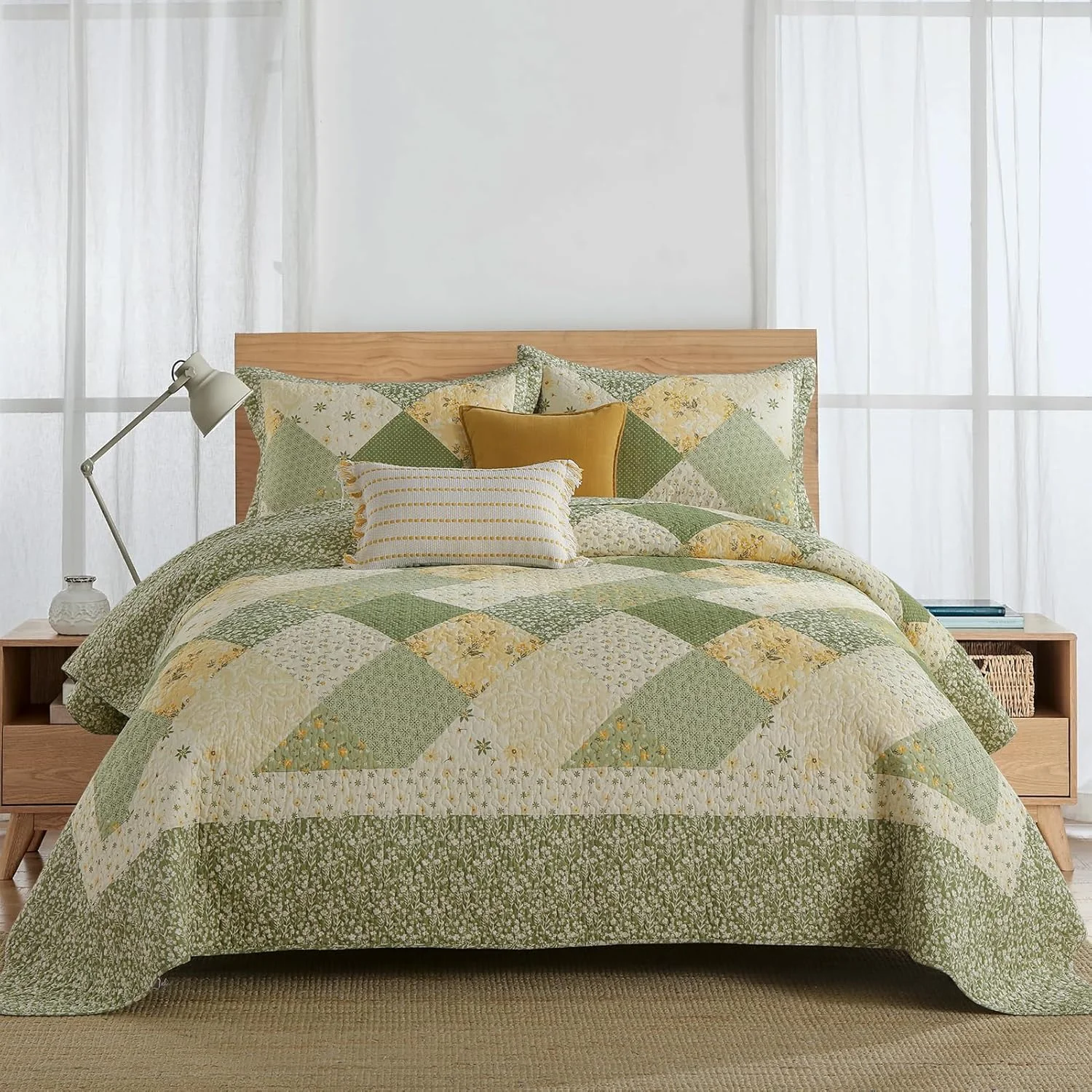 روتختی کینگ سایز بزرگ Finlonte، ابعاد 305x300 سانتی متر - روتختی لحافی گلدار قدیمی پنبه 100٪، لحاف تکه دوزی دو طرفه بسیار بزرگ با روبالشی برای تمام فصول، سبز/کرم سفید، 3 تکه