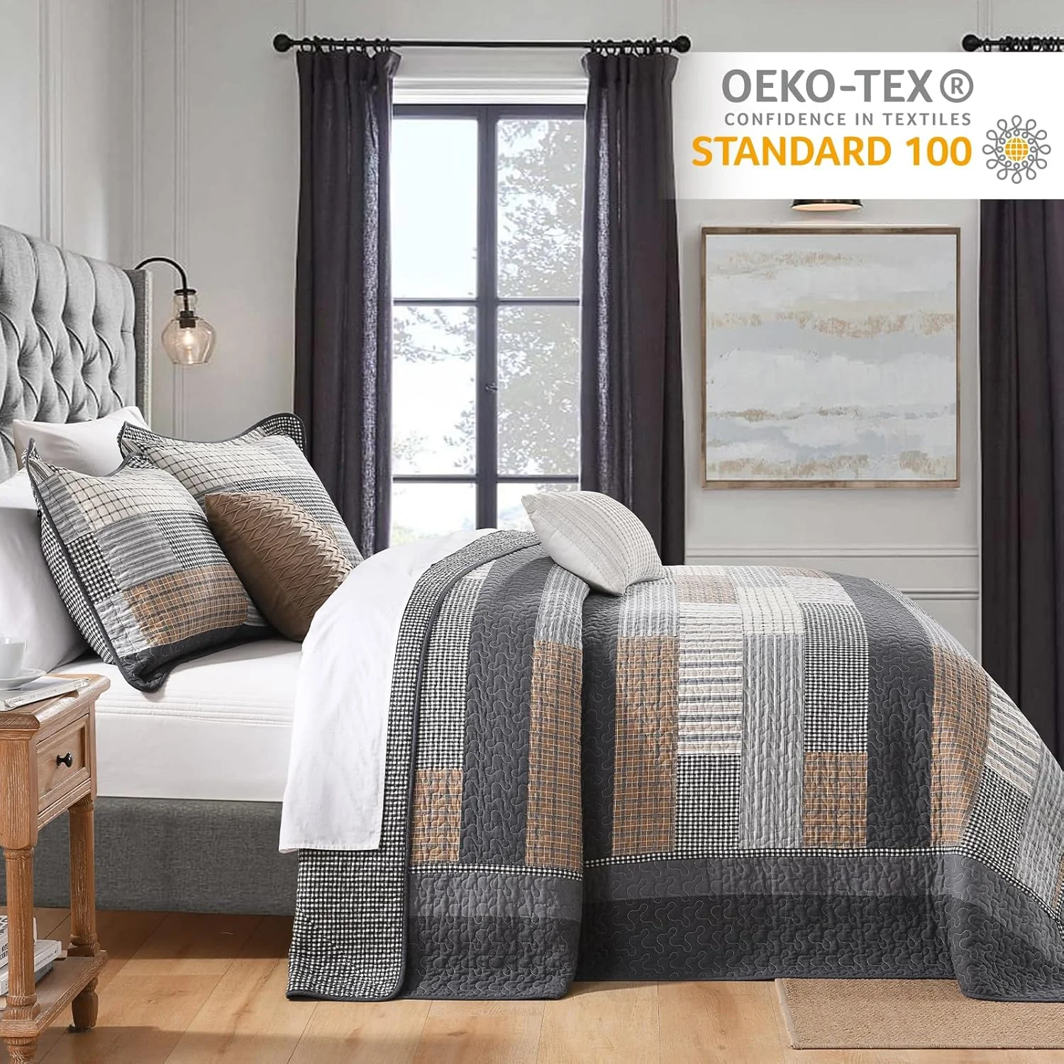 روتختی بزرگ سایز کوئین Finlonte، ابعاد 259x305 سانتی متر - ست روتختی لحافی سبک وزن 100% پنبه، طرح راه راه خانه روستایی، لحاف کوئین بزرگ دو رو با 2 روبالشتی، خاکستری/قهوه ای/بژ