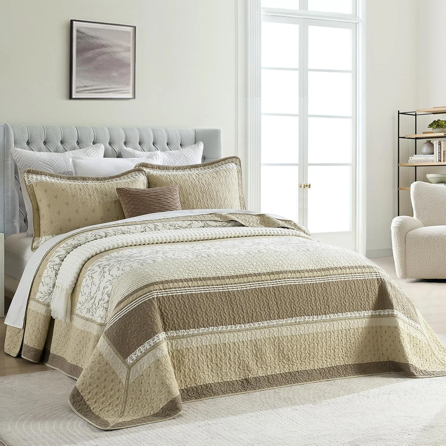 روتختی لحاف دار سایز بزرگ کوئین Finlonte، 100% پنبه، 259x305 سانتی متر، ست لحاف روتختی کوئین سایز، طرح گلدار، مناسب خانه های روستایی، لحاف بسیار بزرگ و سبک، بژ/قهوه ای مایل به خاکستری/کرم، 3 تکه