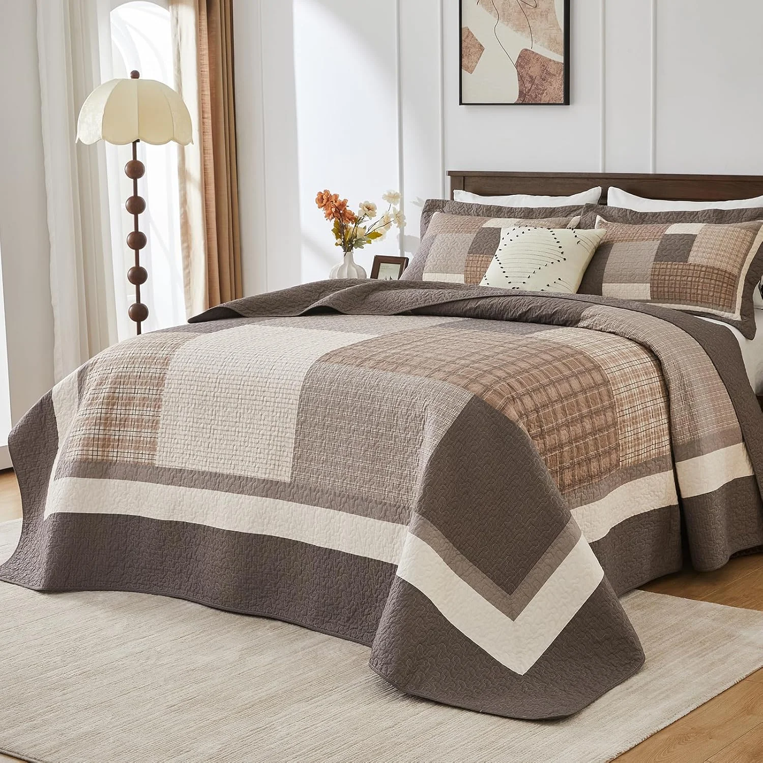 روتختی بزرگ کوئین Finlonte سایز 259x305 سانتی متر - ست لحاف تکه دوزی شده طرح خانه روستایی، روتختی سبک وزن 100% پنبه ای دو رو، لحاف چهارخانه روستیک برای تمام فصول، قهوه ای/بژ/خاکستری مایل به قهوه ای