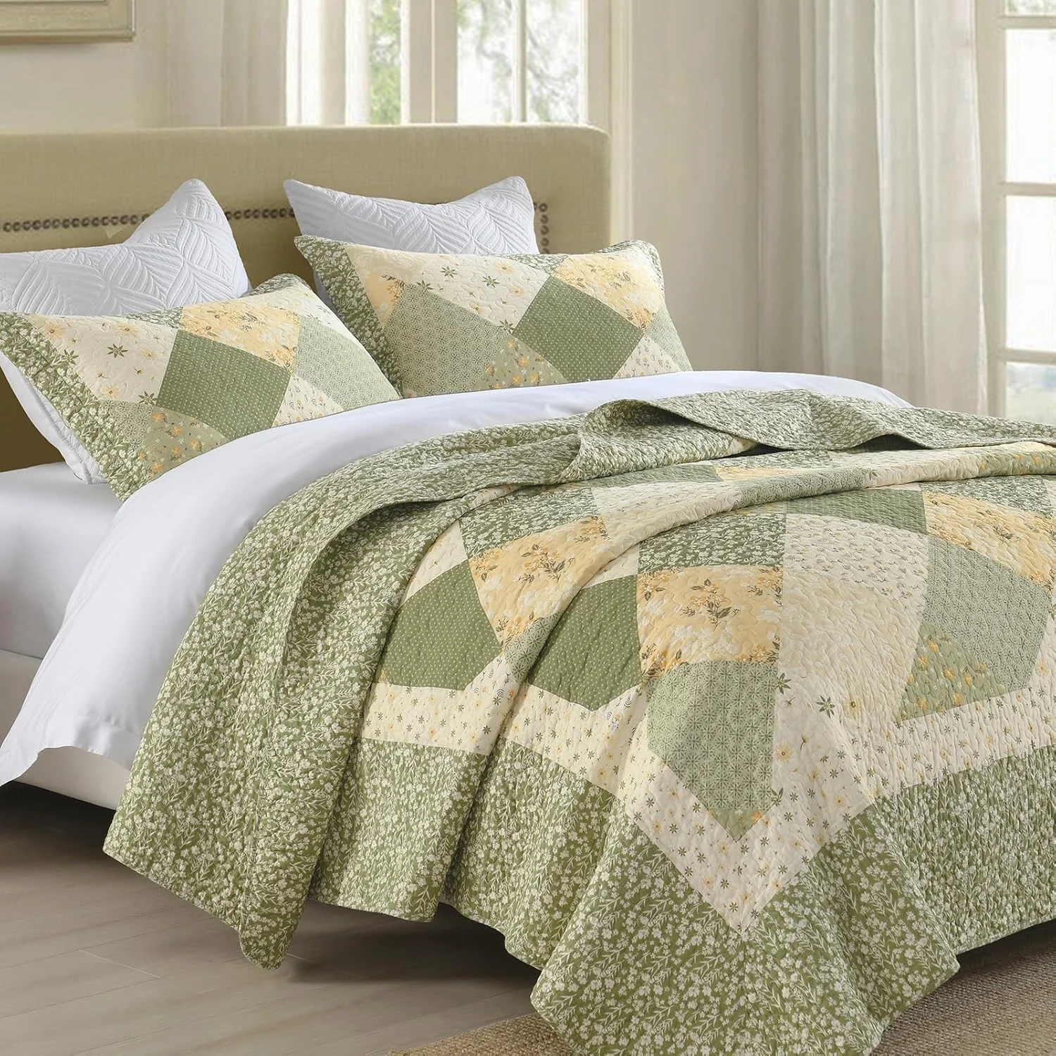 روتختی کینگ سایز بزرگ Finlonte، ابعاد 305x300 سانتی متر - روتختی لحافی گلدار قدیمی پنبه 100٪، لحاف تکه دوزی دو طرفه بسیار بزرگ با روبالشی برای تمام فصول، سبز/کرم سفید، 3 تکه
