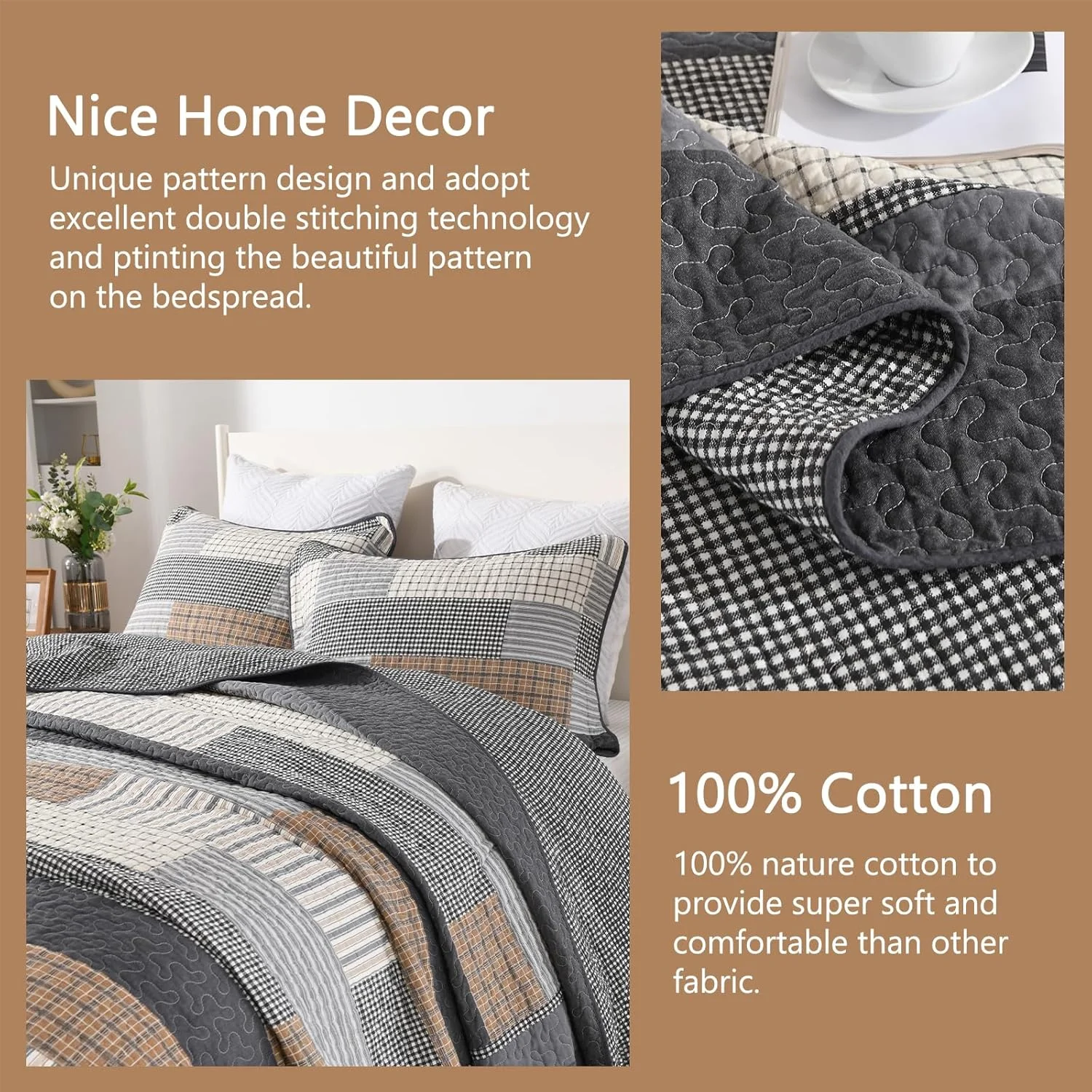 روتختی بزرگ سایز کوئین Finlonte، ابعاد 259x305 سانتی متر - ست روتختی لحافی سبک وزن 100% پنبه، طرح راه راه خانه روستایی، لحاف کوئین بزرگ دو رو با 2 روبالشتی، خاکستری/قهوه ای/بژ