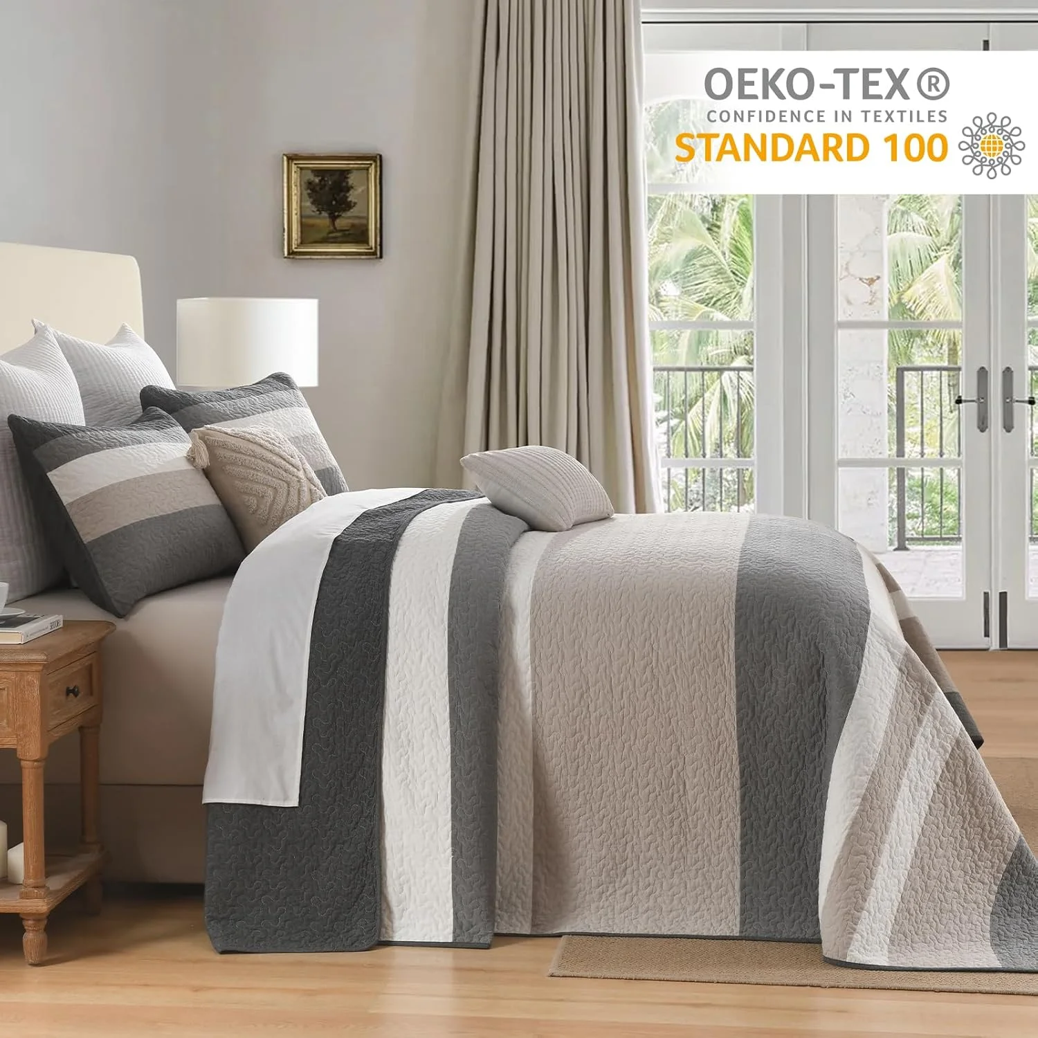 روتختی کوئین سایز بزرگ پنبه‌ای 100% فینلونته، 259x305 سانتی‌متر، لحاف فوق‌العاده بزرگ، روتختی راه‌راه مدرن، لحاف سبک وزن دو رو، 3 تکه، خاکستری/سفید