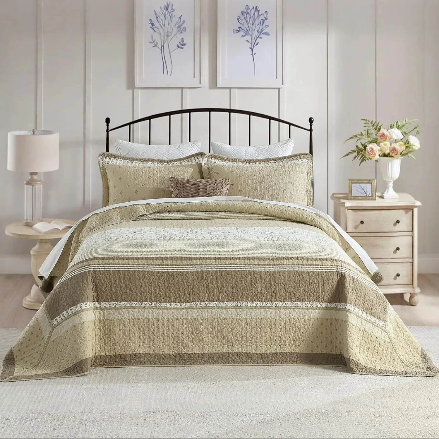 روتختی لحاف دار سایز بزرگ کوئین Finlonte، 100% پنبه، 259x305 سانتی متر، ست لحاف روتختی کوئین سایز، طرح گلدار، مناسب خانه های روستایی، لحاف بسیار بزرگ و سبک، بژ/قهوه ای مایل به خاکستری/کرم، 3 تکه