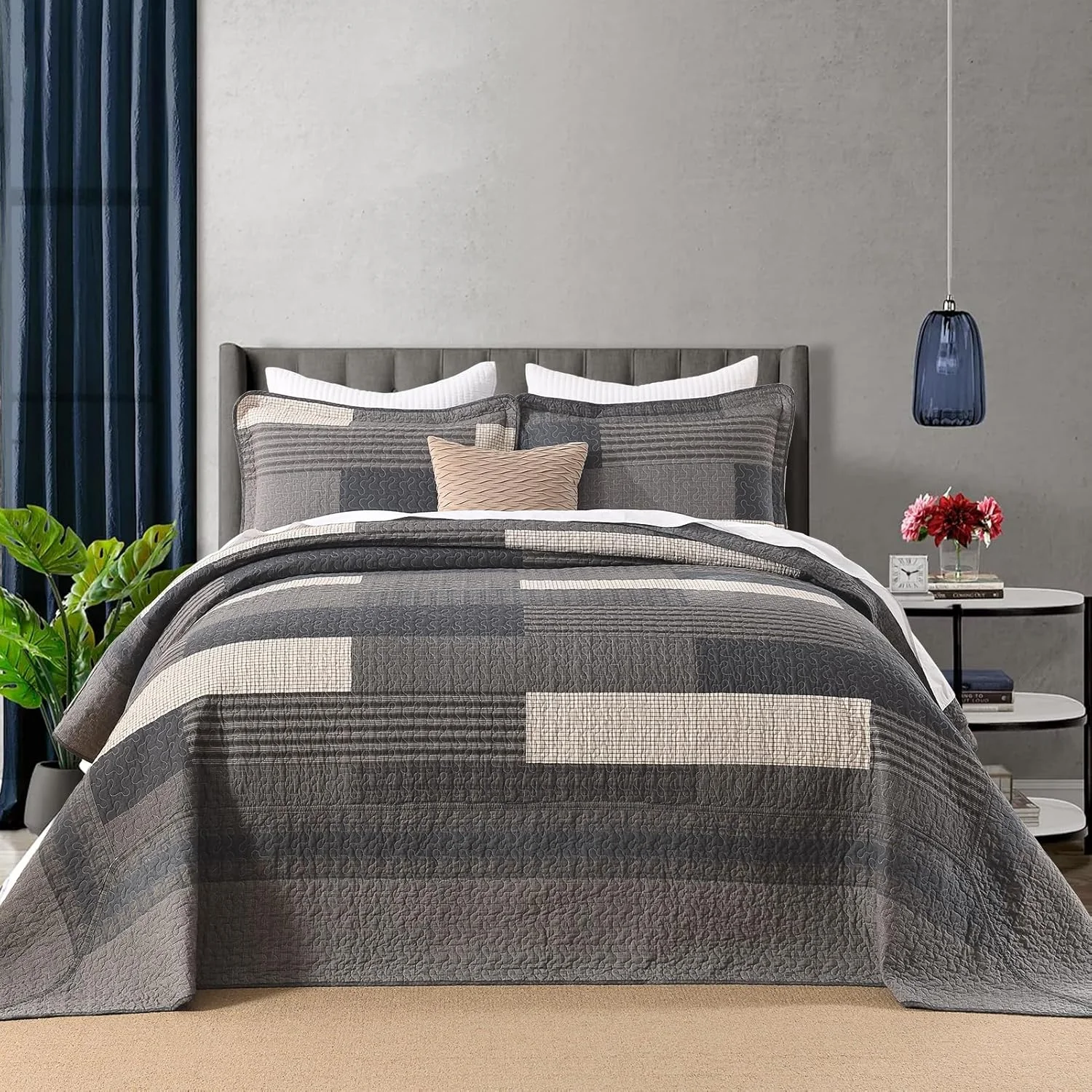 روتختی بزرگ فینلونته سایز 128"x120" - ست روتختی لحافی کینگ سایز کالیفرنیا، 100% پنبه ای و سبک وزن، لحاف بزرگ طرح راه راه مزرعه، خاکستری/قهوه ای/بژ، 3 تکه