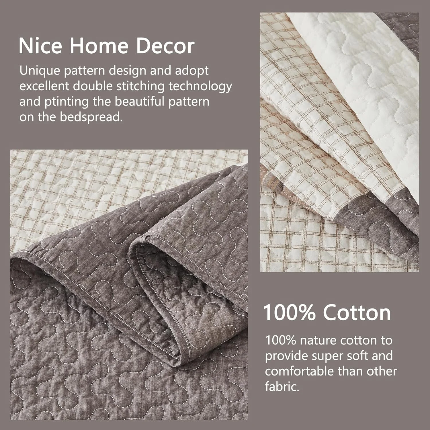 روتختی بزرگ کوئین Finlonte سایز 259x305 سانتی متر - ست لحاف تکه دوزی شده طرح خانه روستایی، روتختی سبک وزن 100% پنبه ای دو رو، لحاف چهارخانه روستیک برای تمام فصول، قهوه ای/بژ/خاکستری مایل به قهوه ای