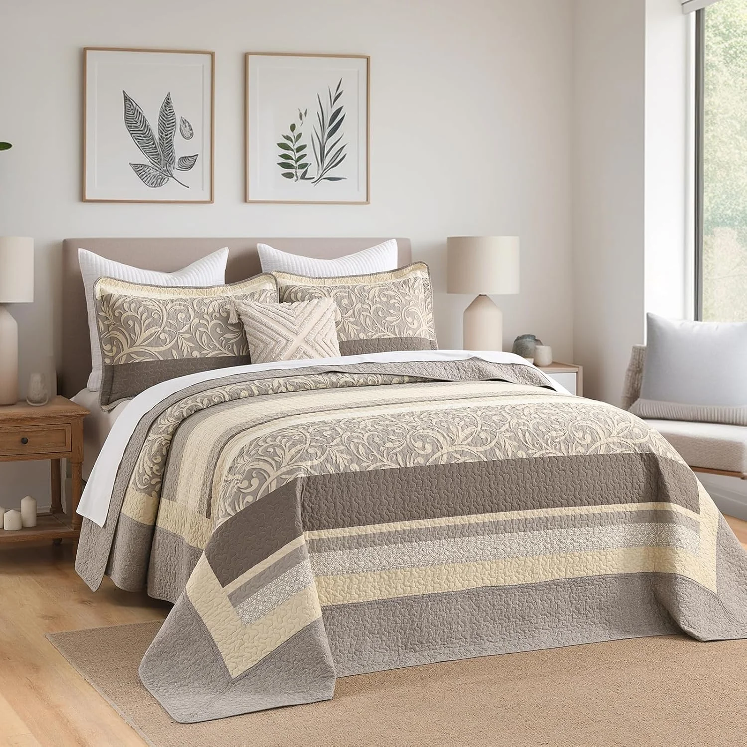 روتختی کینگ سایز بزرگ Finlonte، 325x305 سانتی متر - لحاف پنبه ای 100% فوق العاده بزرگ با 2 روبالشتی، روتختی راه راه طرح گیاهی مزرعه، ست کاورلت سبک وزن دو طرفه، قهوه ای مایل به خاکستری/قهوه ای/بژ، 3 تکه