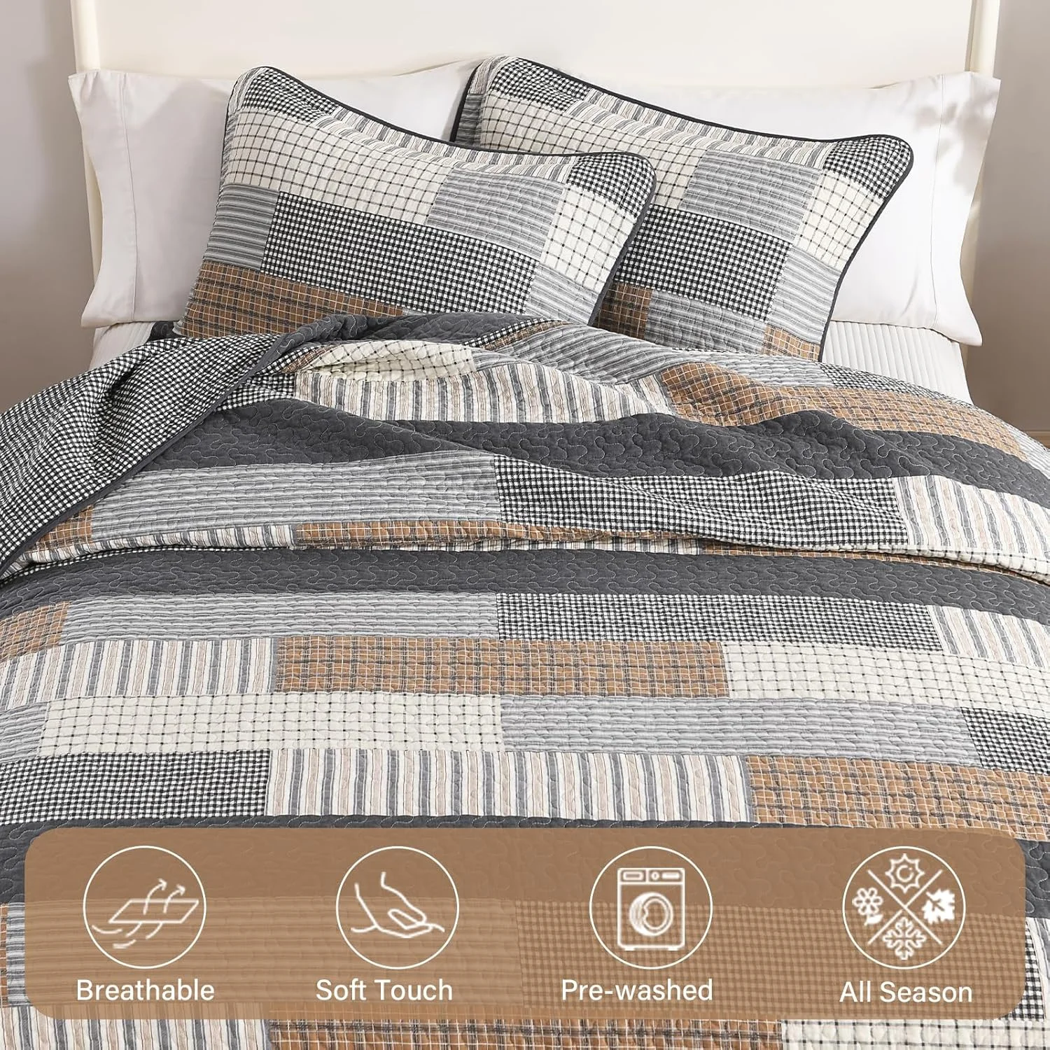 روتختی بزرگ سایز کوئین Finlonte، ابعاد 259x305 سانتی متر - ست روتختی لحافی سبک وزن 100% پنبه، طرح راه راه خانه روستایی، لحاف کوئین بزرگ دو رو با 2 روبالشتی، خاکستری/قهوه ای/بژ