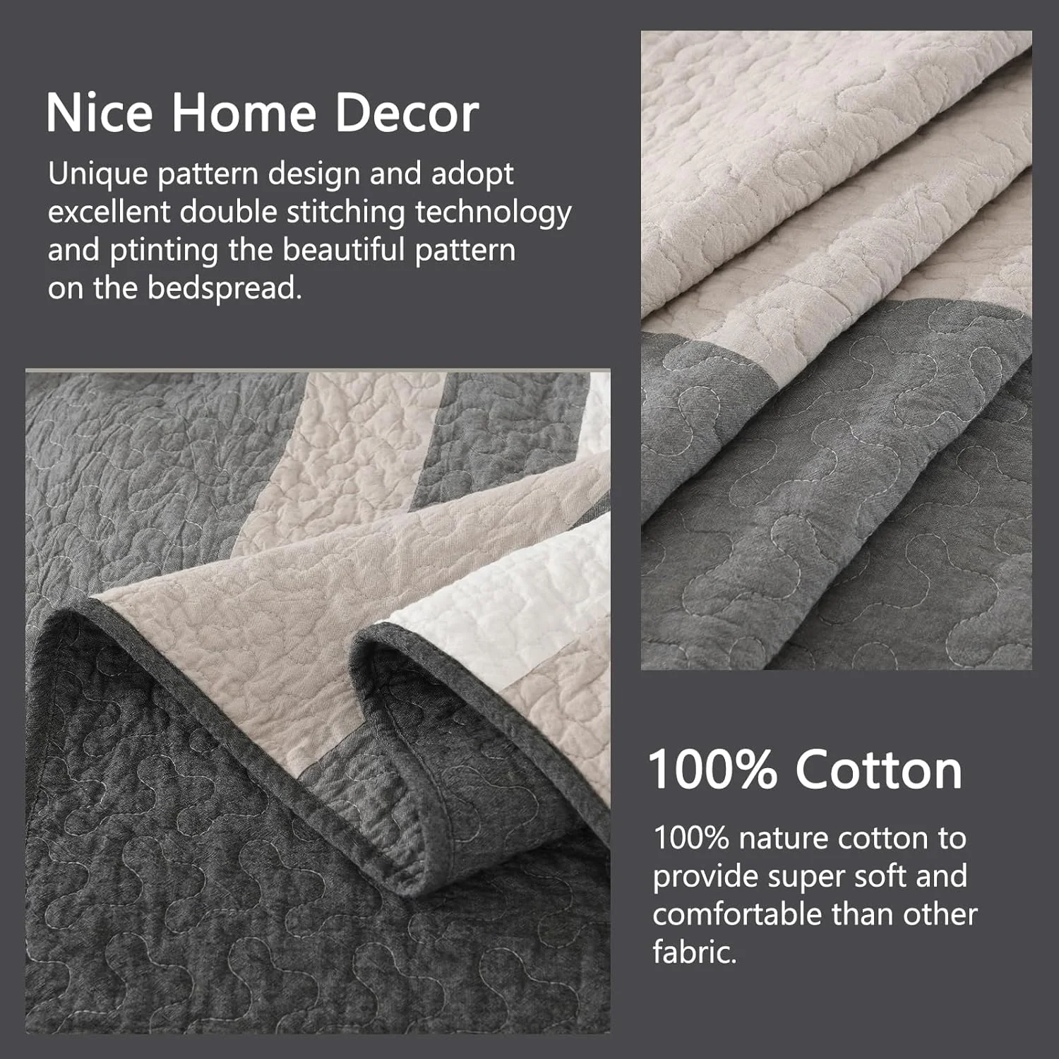 روتختی کوئین سایز بزرگ پنبه‌ای 100% فینلونته، 259x305 سانتی‌متر، لحاف فوق‌العاده بزرگ، روتختی راه‌راه مدرن، لحاف سبک وزن دو رو، 3 تکه، خاکستری/سفید