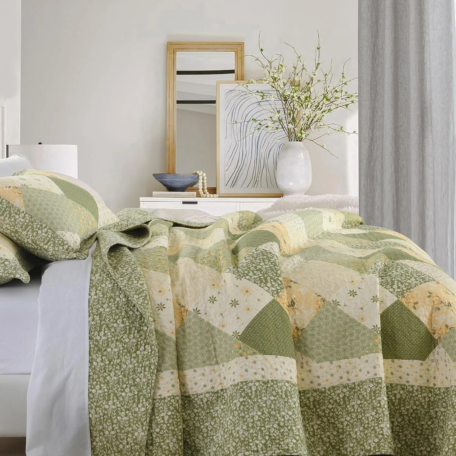 روتختی کینگ سایز بزرگ Finlonte، ابعاد 305x300 سانتی متر - روتختی لحافی گلدار قدیمی پنبه 100٪، لحاف تکه دوزی دو طرفه بسیار بزرگ با روبالشی برای تمام فصول، سبز/کرم سفید، 3 تکه