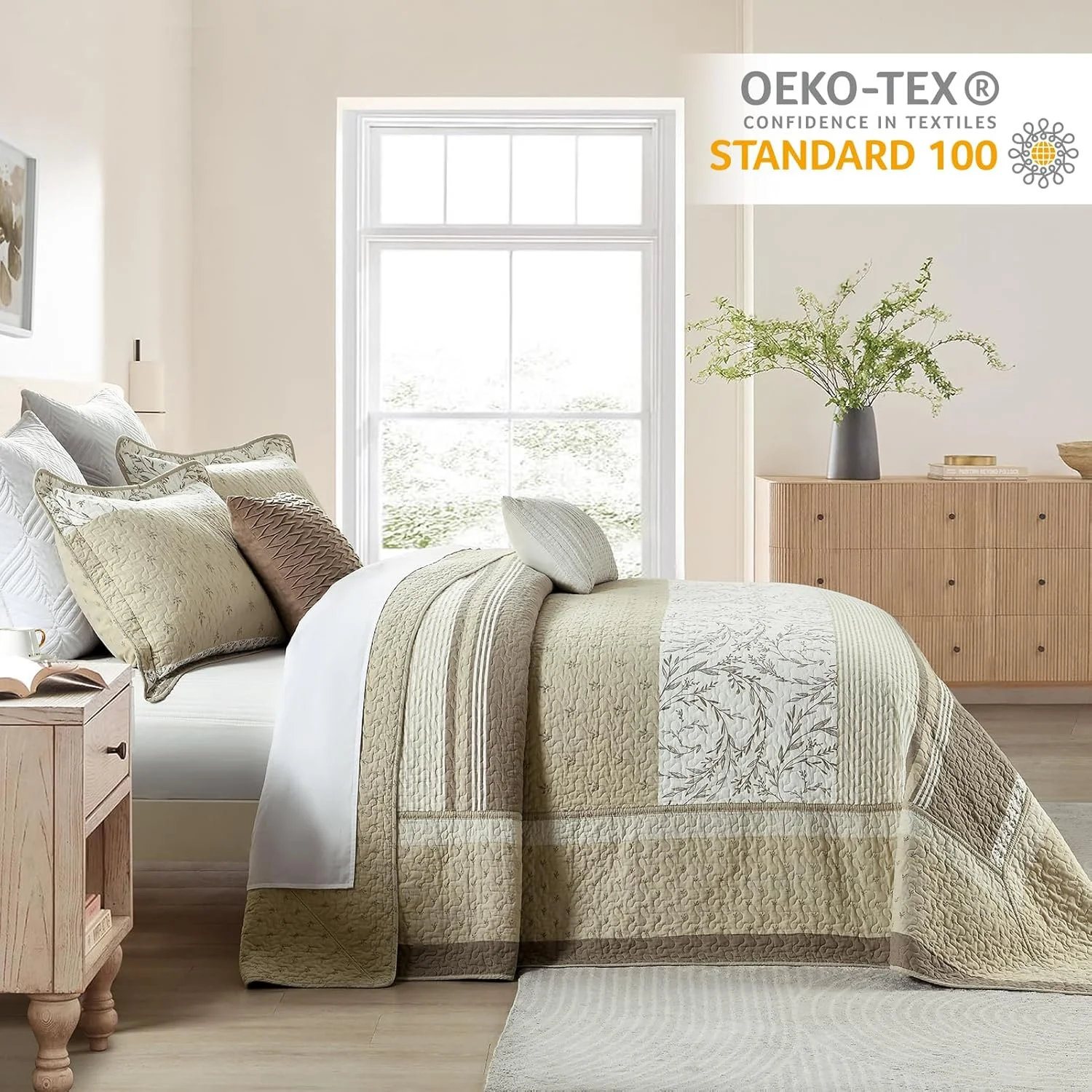 روتختی لحاف دار سایز بزرگ کوئین Finlonte، 100% پنبه، 259x305 سانتی متر، ست لحاف روتختی کوئین سایز، طرح گلدار، مناسب خانه های روستایی، لحاف بسیار بزرگ و سبک، بژ/قهوه ای مایل به خاکستری/کرم، 3 تکه