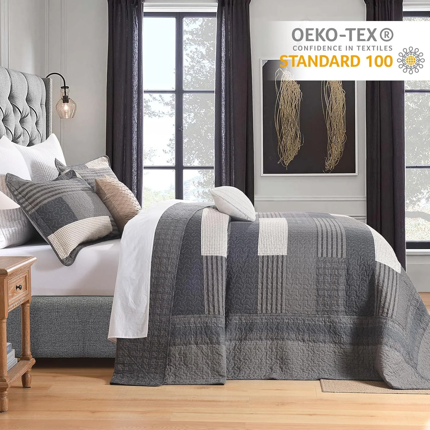 روتختی بزرگ فینلونته سایز 128"x120" - ست روتختی لحافی کینگ سایز کالیفرنیا، 100% پنبه ای و سبک وزن، لحاف بزرگ طرح راه راه مزرعه، خاکستری/قهوه ای/بژ، 3 تکه