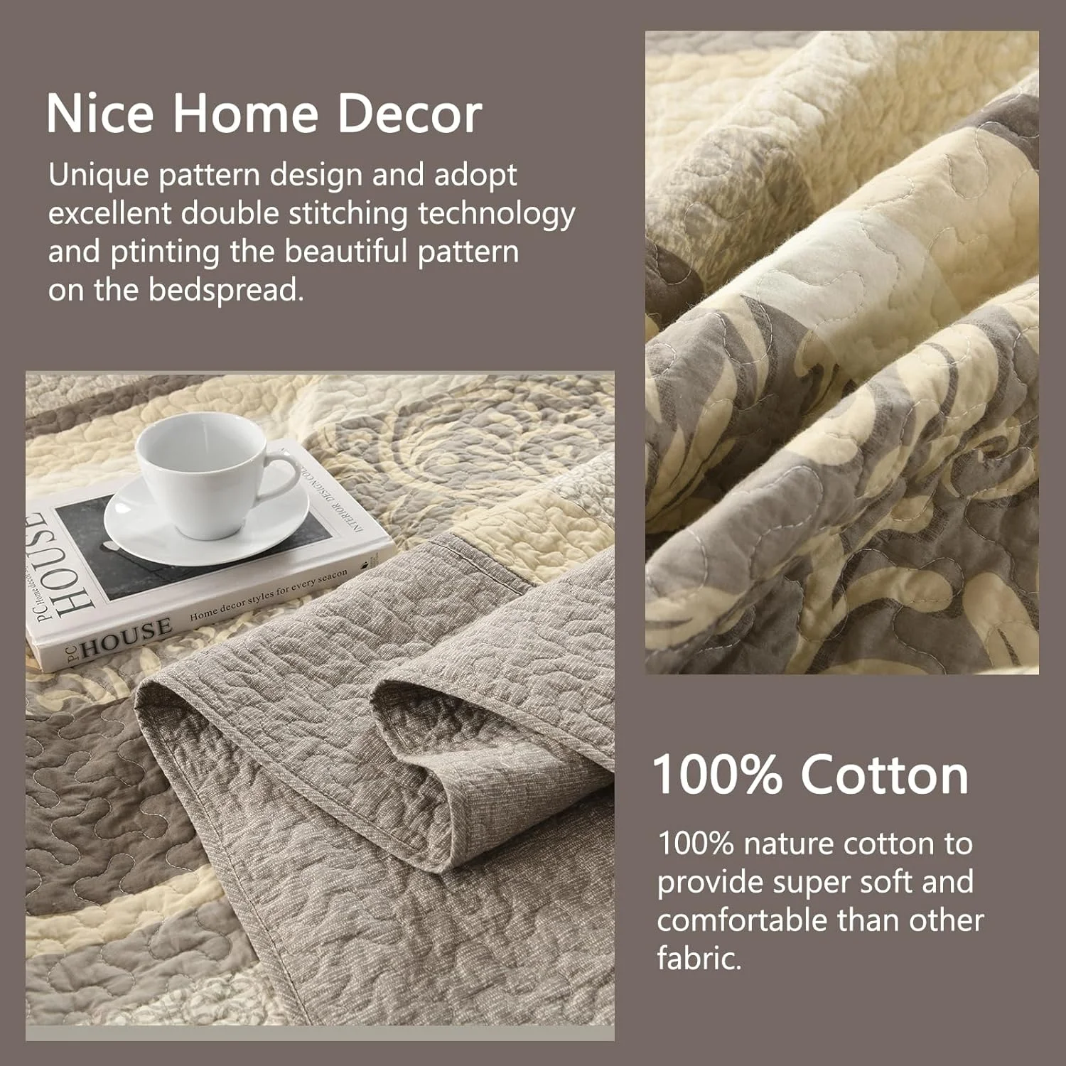 روتختی کینگ سایز بزرگ Finlonte، 325x305 سانتی متر - لحاف پنبه ای 100% فوق العاده بزرگ با 2 روبالشتی، روتختی راه راه طرح گیاهی مزرعه، ست کاورلت سبک وزن دو طرفه، قهوه ای مایل به خاکستری/قهوه ای/بژ، 3 تکه