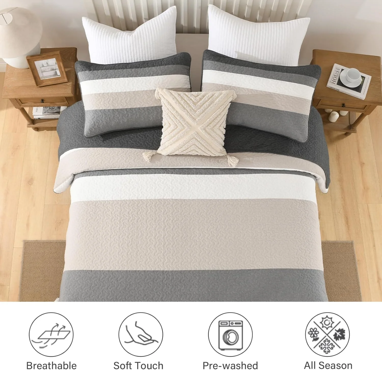 روتختی کوئین سایز بزرگ پنبه‌ای 100% فینلونته، 259x305 سانتی‌متر، لحاف فوق‌العاده بزرگ، روتختی راه‌راه مدرن، لحاف سبک وزن دو رو، 3 تکه، خاکستری/سفید