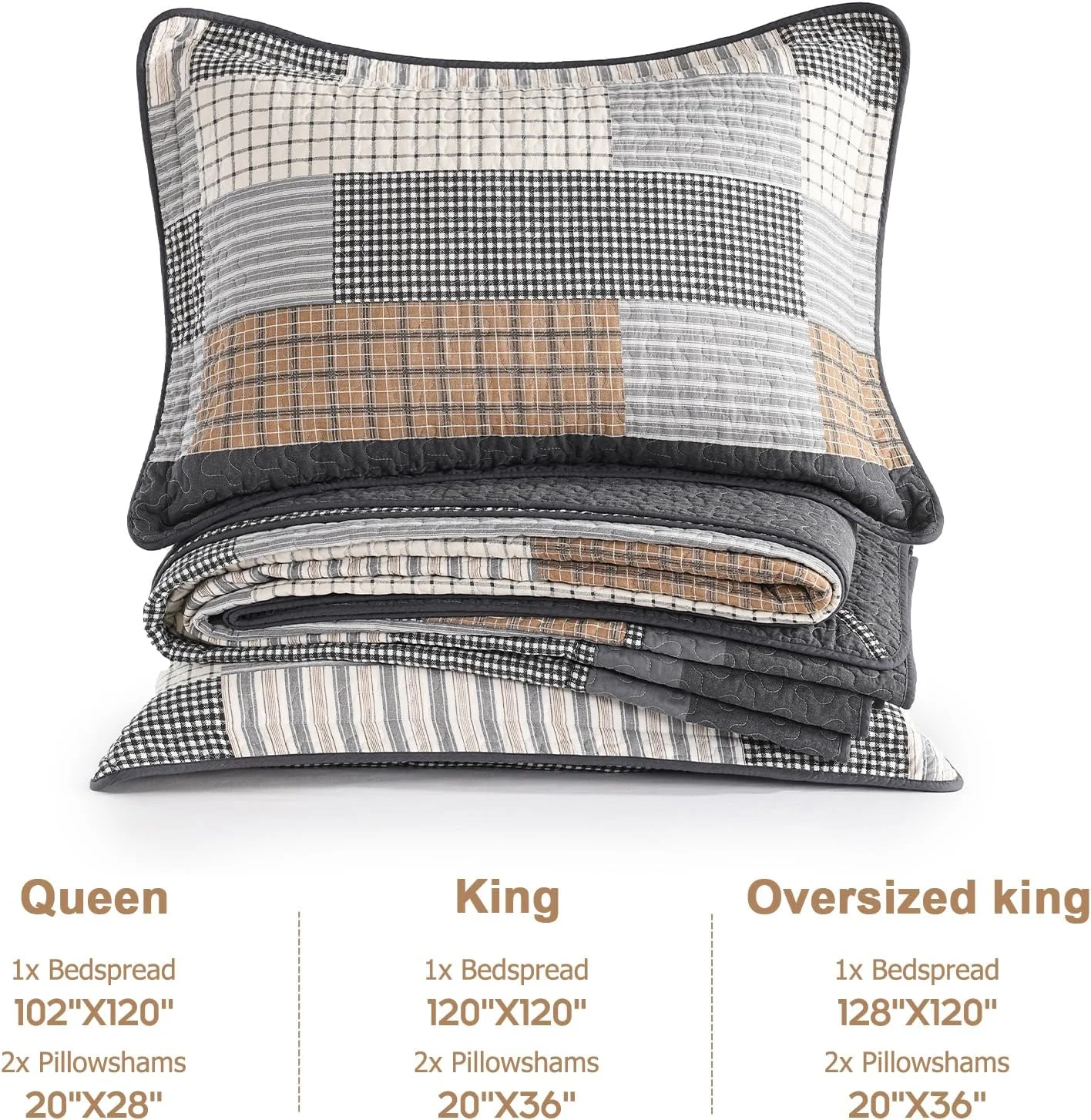 روتختی بزرگ سایز کوئین Finlonte، ابعاد 259x305 سانتی متر - ست روتختی لحافی سبک وزن 100% پنبه، طرح راه راه خانه روستایی، لحاف کوئین بزرگ دو رو با 2 روبالشتی، خاکستری/قهوه ای/بژ