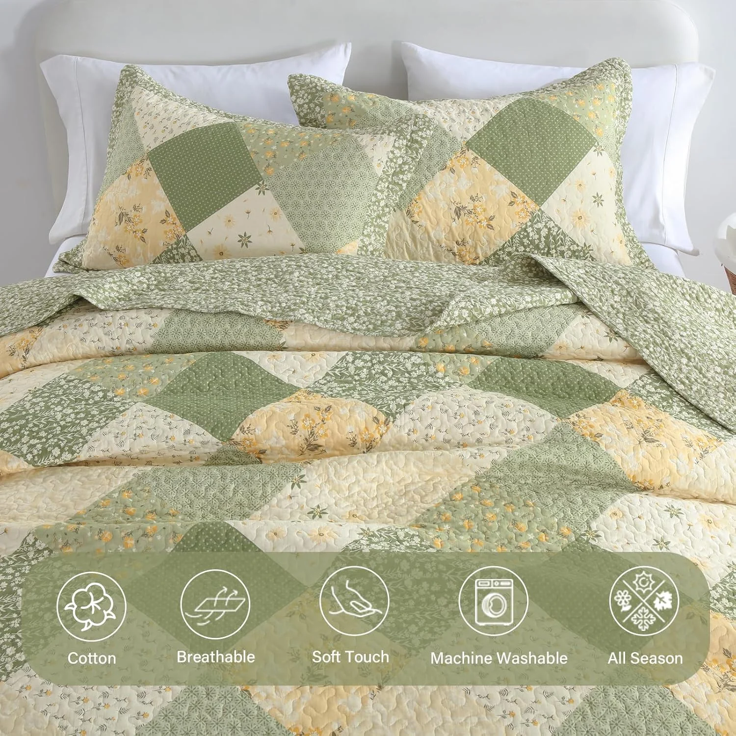 روتختی کینگ سایز بزرگ Finlonte، ابعاد 305x300 سانتی متر - روتختی لحافی گلدار قدیمی پنبه 100٪، لحاف تکه دوزی دو طرفه بسیار بزرگ با روبالشی برای تمام فصول، سبز/کرم سفید، 3 تکه
