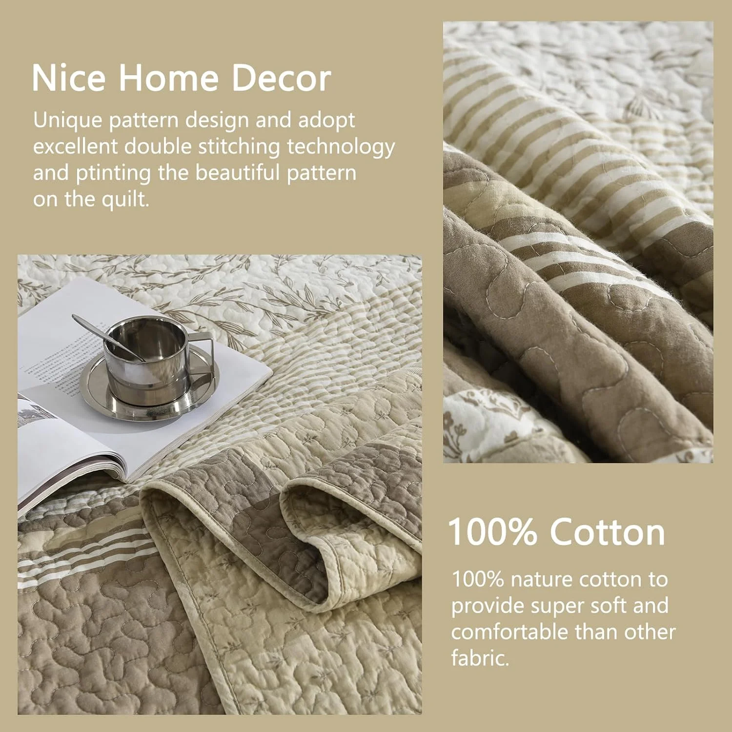 روتختی لحاف دار سایز بزرگ کوئین Finlonte، 100% پنبه، 259x305 سانتی متر، ست لحاف روتختی کوئین سایز، طرح گلدار، مناسب خانه های روستایی، لحاف بسیار بزرگ و سبک، بژ/قهوه ای مایل به خاکستری/کرم، 3 تکه