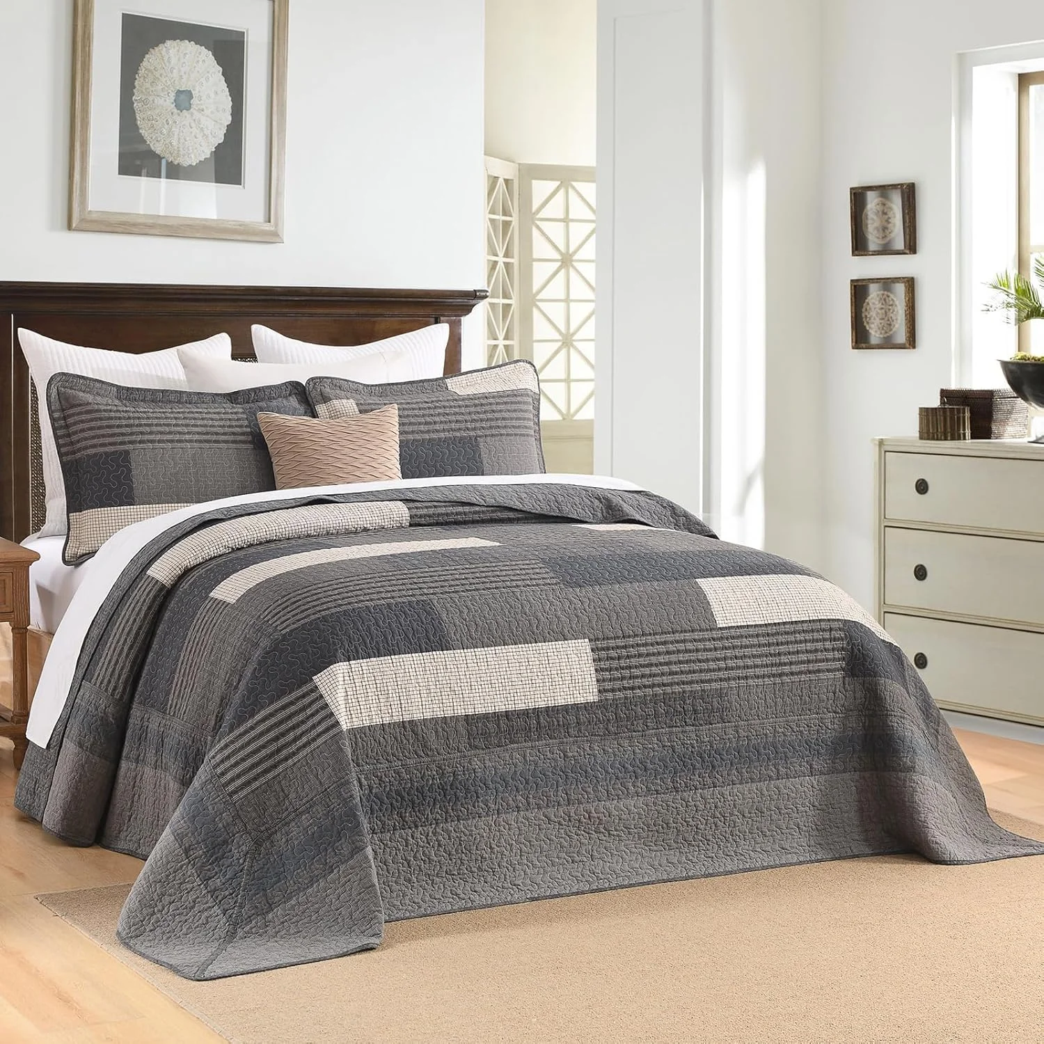 روتختی بزرگ فینلونته سایز 128"x120" - ست روتختی لحافی کینگ سایز کالیفرنیا، 100% پنبه ای و سبک وزن، لحاف بزرگ طرح راه راه مزرعه، خاکستری/قهوه ای/بژ، 3 تکه