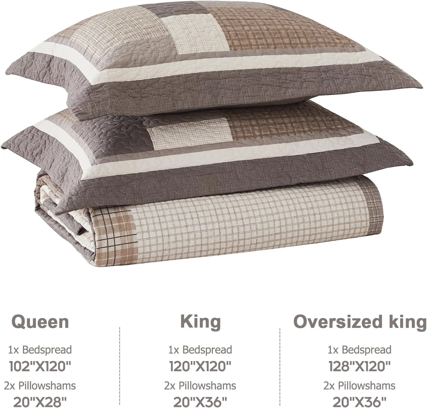 روتختی بزرگ کوئین Finlonte سایز 259x305 سانتی متر - ست لحاف تکه دوزی شده طرح خانه روستایی، روتختی سبک وزن 100% پنبه ای دو رو، لحاف چهارخانه روستیک برای تمام فصول، قهوه ای/بژ/خاکستری مایل به قهوه ای