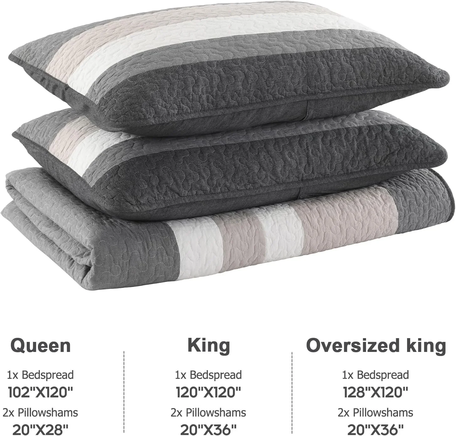 روتختی کوئین سایز بزرگ پنبه‌ای 100% فینلونته، 259x305 سانتی‌متر، لحاف فوق‌العاده بزرگ، روتختی راه‌راه مدرن، لحاف سبک وزن دو رو، 3 تکه، خاکستری/سفید