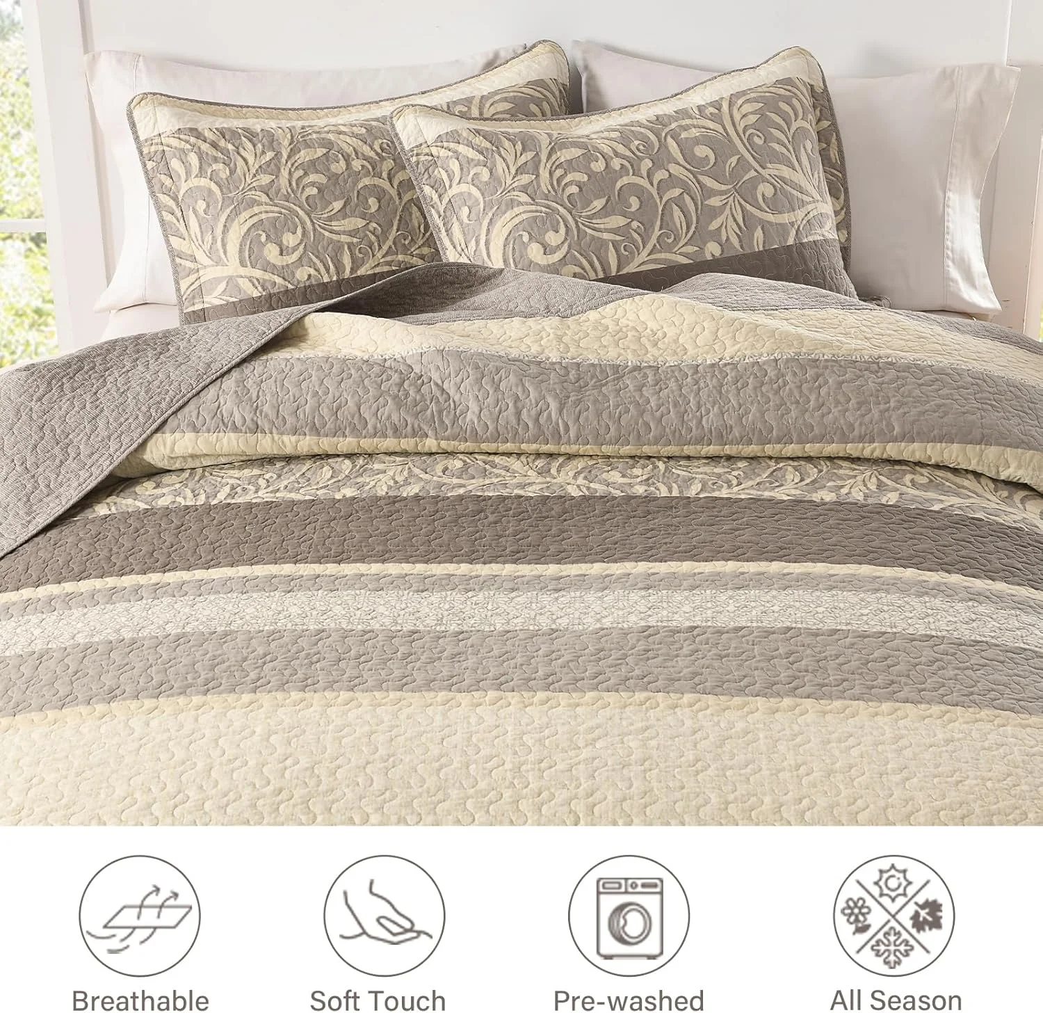 روتختی کینگ سایز بزرگ Finlonte، 325x305 سانتی متر - لحاف پنبه ای 100% فوق العاده بزرگ با 2 روبالشتی، روتختی راه راه طرح گیاهی مزرعه، ست کاورلت سبک وزن دو طرفه، قهوه ای مایل به خاکستری/قهوه ای/بژ، 3 تکه