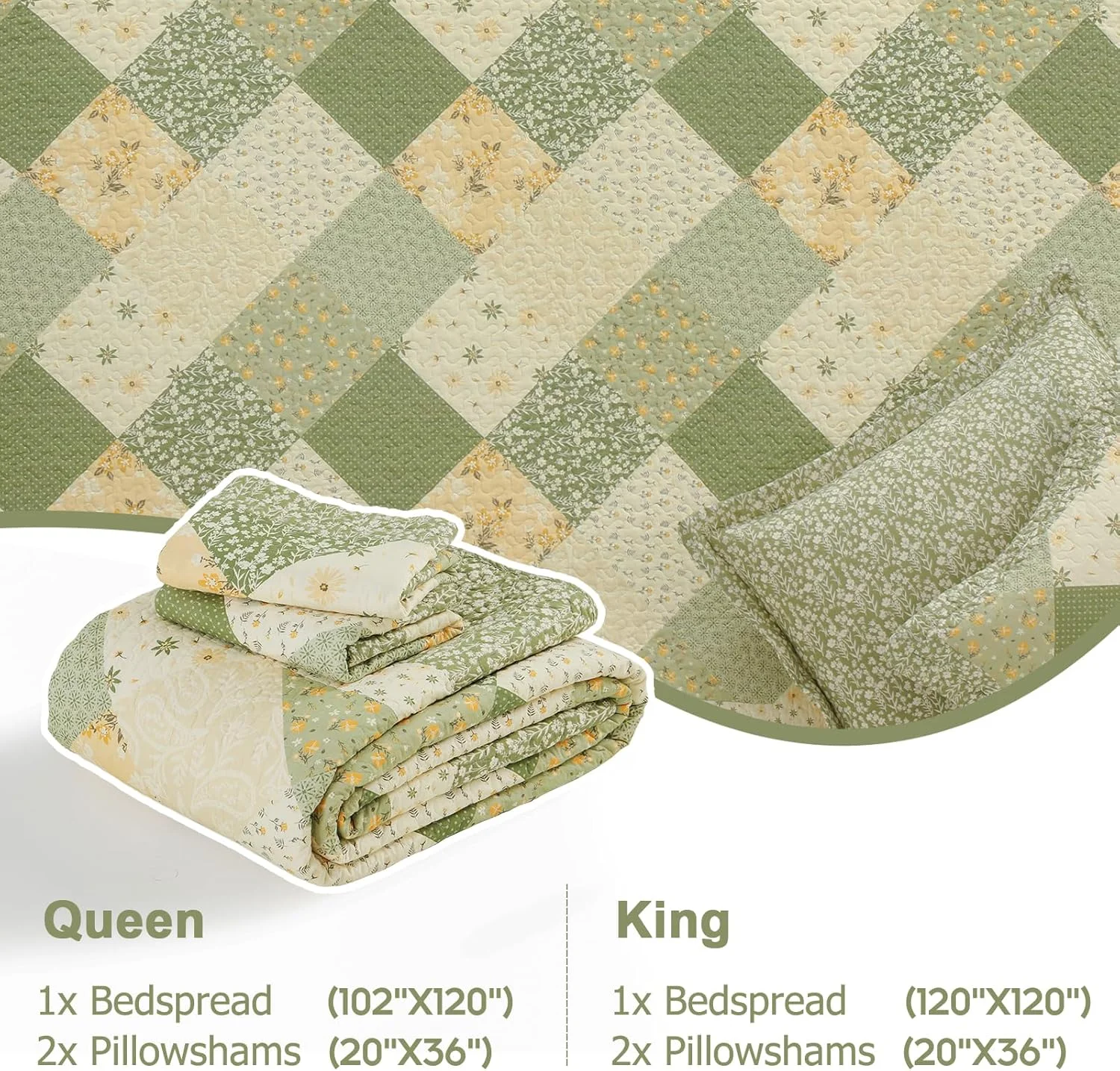 روتختی کینگ سایز بزرگ Finlonte، ابعاد 305x300 سانتی متر - روتختی لحافی گلدار قدیمی پنبه 100٪، لحاف تکه دوزی دو طرفه بسیار بزرگ با روبالشی برای تمام فصول، سبز/کرم سفید، 3 تکه