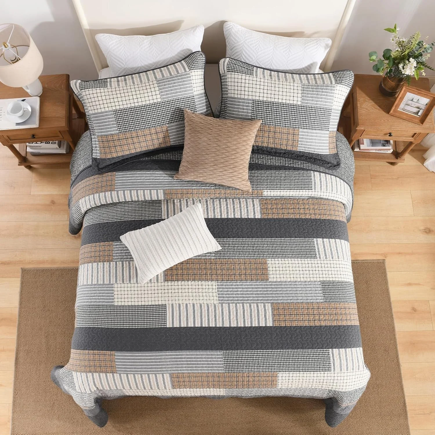 روتختی بزرگ سایز کوئین Finlonte، ابعاد 259x305 سانتی متر - ست روتختی لحافی سبک وزن 100% پنبه، طرح راه راه خانه روستایی، لحاف کوئین بزرگ دو رو با 2 روبالشتی، خاکستری/قهوه ای/بژ