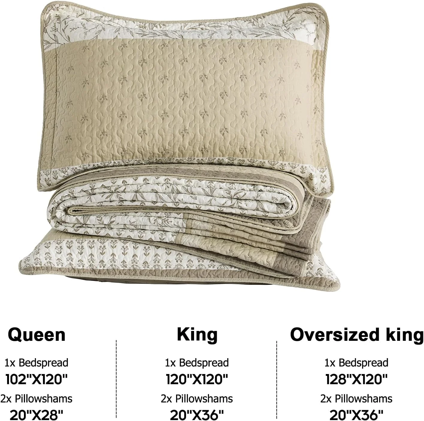 روتختی لحاف دار سایز بزرگ کوئین Finlonte، 100% پنبه، 259x305 سانتی متر، ست لحاف روتختی کوئین سایز، طرح گلدار، مناسب خانه های روستایی، لحاف بسیار بزرگ و سبک، بژ/قهوه ای مایل به خاکستری/کرم، 3 تکه