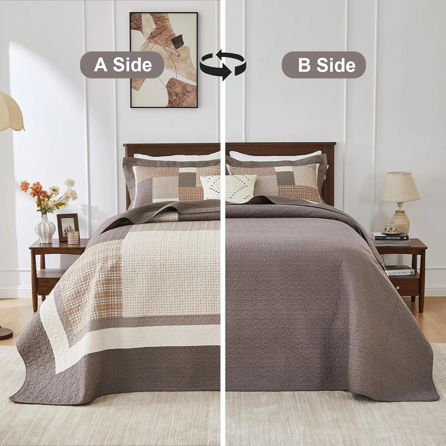 روتختی بزرگ کوئین Finlonte سایز 259x305 سانتی متر - ست لحاف تکه دوزی شده طرح خانه روستایی، روتختی سبک وزن 100% پنبه ای دو رو، لحاف چهارخانه روستیک برای تمام فصول، قهوه ای/بژ/خاکستری مایل به قهوه ای