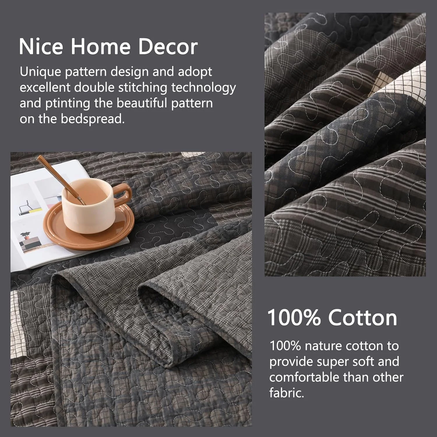 روتختی بزرگ فینلونته سایز 128"x120" - ست روتختی لحافی کینگ سایز کالیفرنیا، 100% پنبه ای و سبک وزن، لحاف بزرگ طرح راه راه مزرعه، خاکستری/قهوه ای/بژ، 3 تکه