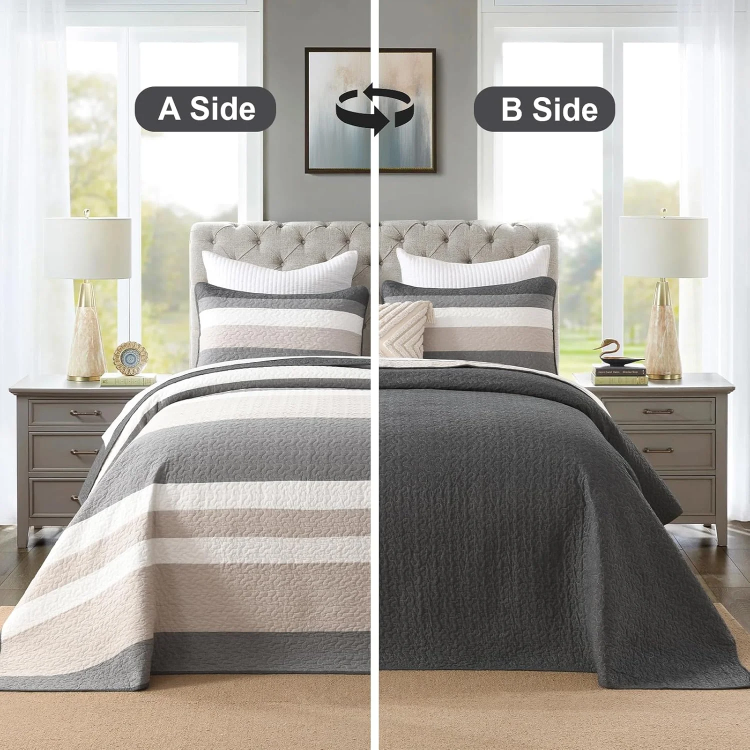 روتختی کوئین سایز بزرگ پنبه‌ای 100% فینلونته، 259x305 سانتی‌متر، لحاف فوق‌العاده بزرگ، روتختی راه‌راه مدرن، لحاف سبک وزن دو رو، 3 تکه، خاکستری/سفید