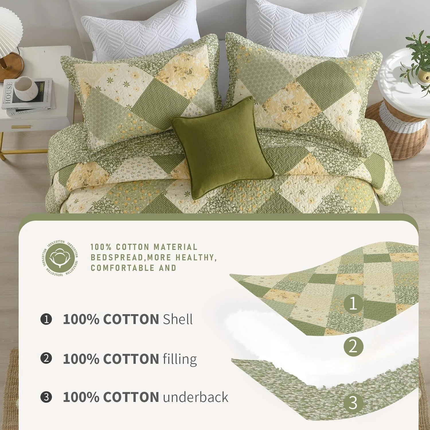 روتختی کینگ سایز بزرگ Finlonte، ابعاد 305x300 سانتی متر - روتختی لحافی گلدار قدیمی پنبه 100٪، لحاف تکه دوزی دو طرفه بسیار بزرگ با روبالشی برای تمام فصول، سبز/کرم سفید، 3 تکه