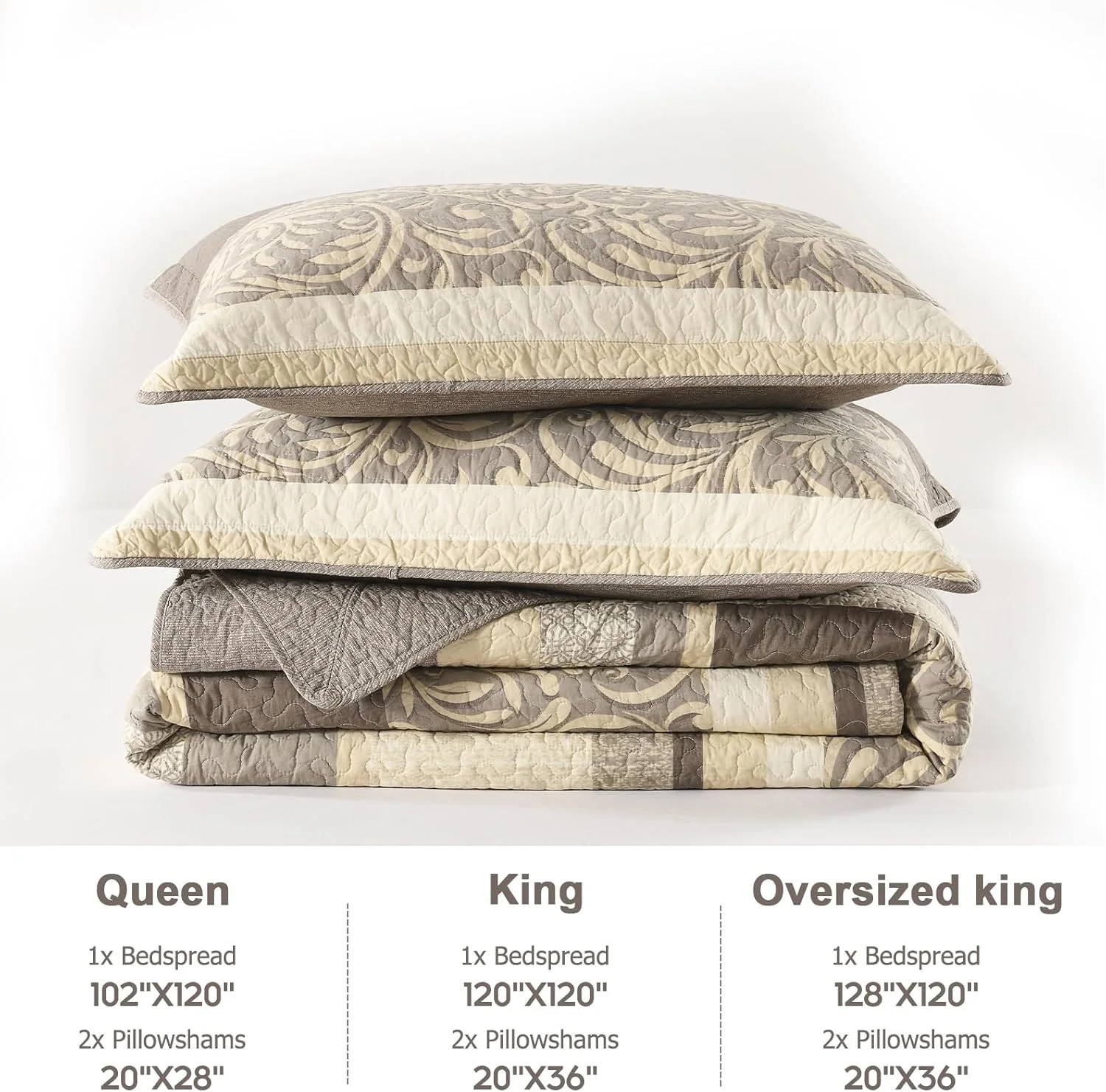 روتختی کینگ سایز بزرگ Finlonte، 325x305 سانتی متر - لحاف پنبه ای 100% فوق العاده بزرگ با 2 روبالشتی، روتختی راه راه طرح گیاهی مزرعه، ست کاورلت سبک وزن دو طرفه، قهوه ای مایل به خاکستری/قهوه ای/بژ، 3 تکه