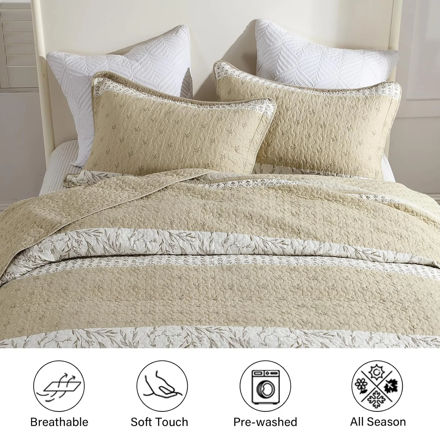 روتختی لحاف دار سایز بزرگ کوئین Finlonte، 100% پنبه، 259x305 سانتی متر، ست لحاف روتختی کوئین سایز، طرح گلدار، مناسب خانه های روستایی، لحاف بسیار بزرگ و سبک، بژ/قهوه ای مایل به خاکستری/کرم، 3 تکه