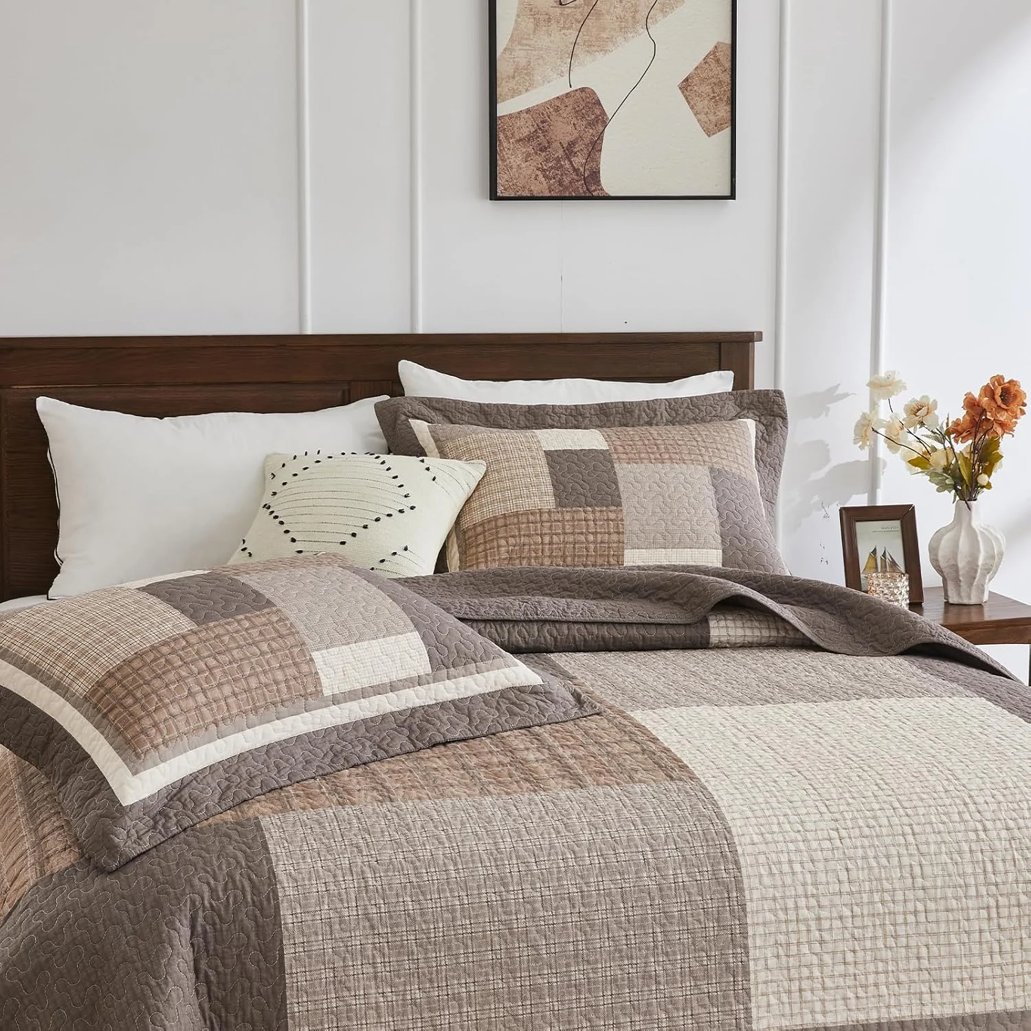 روتختی بزرگ کوئین Finlonte سایز 259x305 سانتی متر - ست لحاف تکه دوزی شده طرح خانه روستایی، روتختی سبک وزن 100% پنبه ای دو رو، لحاف چهارخانه روستیک برای تمام فصول، قهوه ای/بژ/خاکستری مایل به قهوه ای