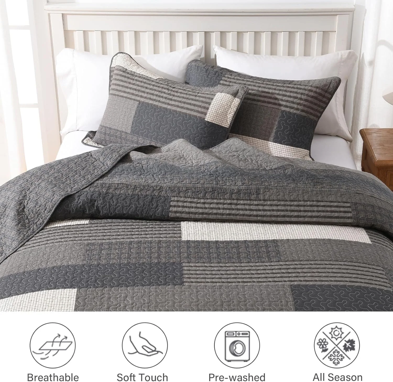 روتختی بزرگ فینلونته سایز 128"x120" - ست روتختی لحافی کینگ سایز کالیفرنیا، 100% پنبه ای و سبک وزن، لحاف بزرگ طرح راه راه مزرعه، خاکستری/قهوه ای/بژ، 3 تکه