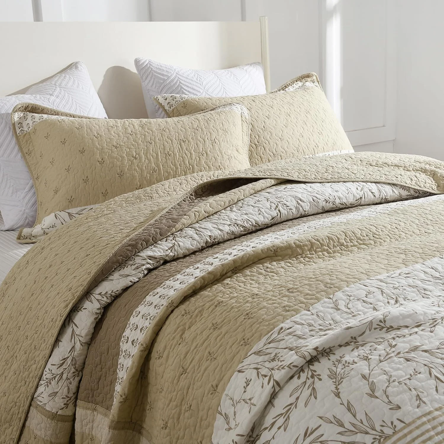 روتختی لحاف دار سایز بزرگ کوئین Finlonte، 100% پنبه، 259x305 سانتی متر، ست لحاف روتختی کوئین سایز، طرح گلدار، مناسب خانه های روستایی، لحاف بسیار بزرگ و سبک، بژ/قهوه ای مایل به خاکستری/کرم، 3 تکه